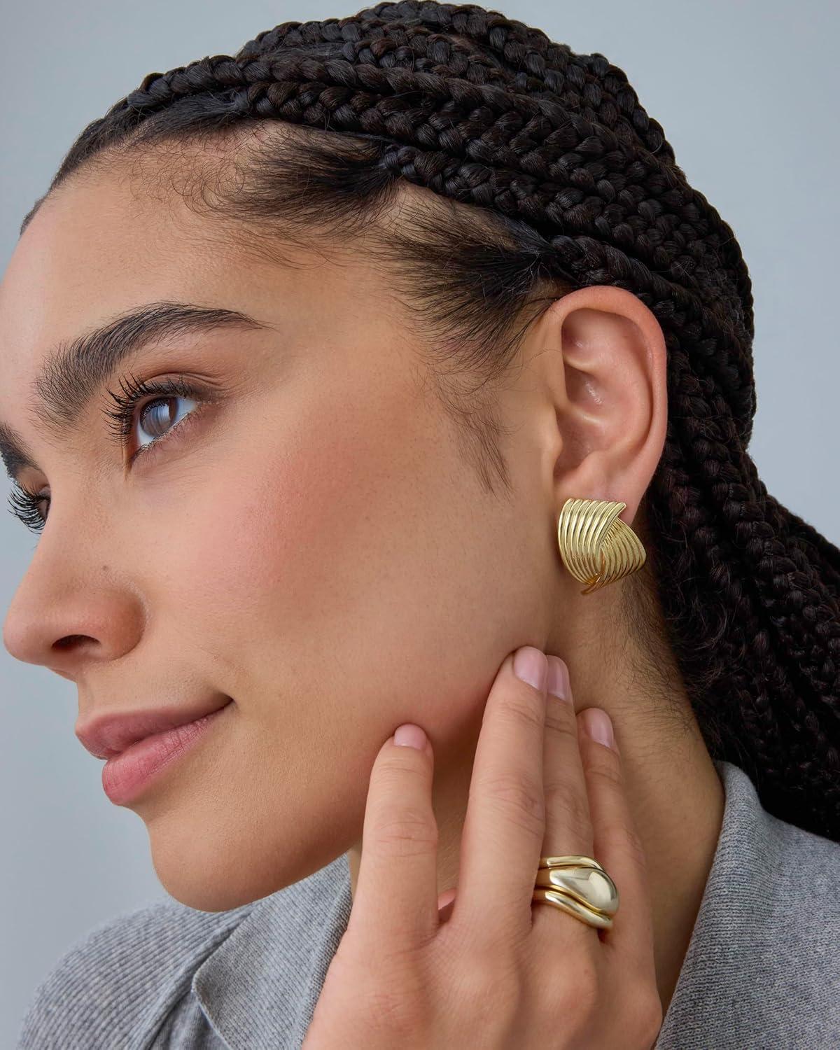 imagePAVOI 14K Gold Plated Chunky Vintage Earrings for Women  Trendy Textured Ribbed Knot Geometric Triangle Rope Button Seashell Wing Dangle Drop Stud Earrings DupesWhite Gold