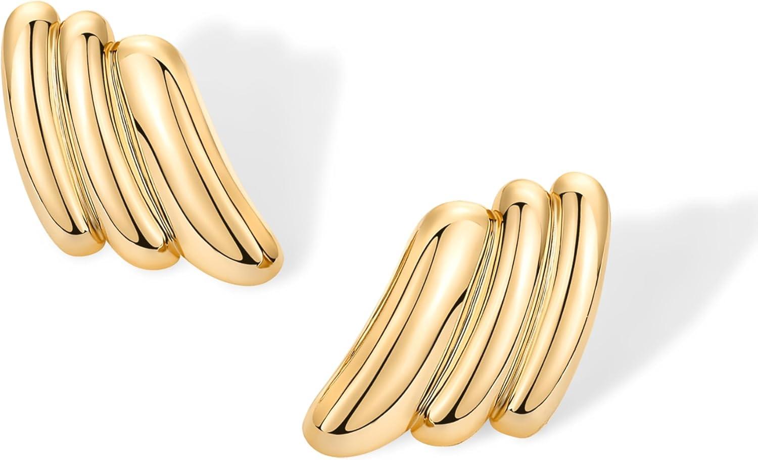 imagePAVOI 14K Gold Plated Chunky Vintage Earrings for Women  Trendy Textured Ribbed Knot Geometric Triangle Rope Button Seashell Wing Dangle Drop Stud Earrings DupesYellow Gold