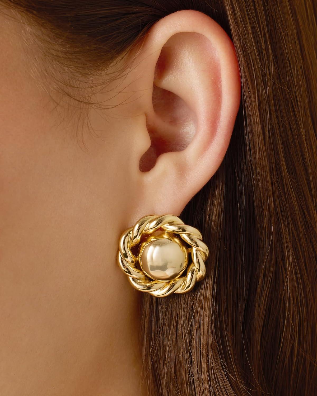imagePAVOI 14K Gold Plated Chunky Vintage Earrings for Women  Trendy Textured Ribbed Knot Geometric Triangle Rope Button Seashell Wing Dangle Drop Stud Earrings DupesYellow Gold