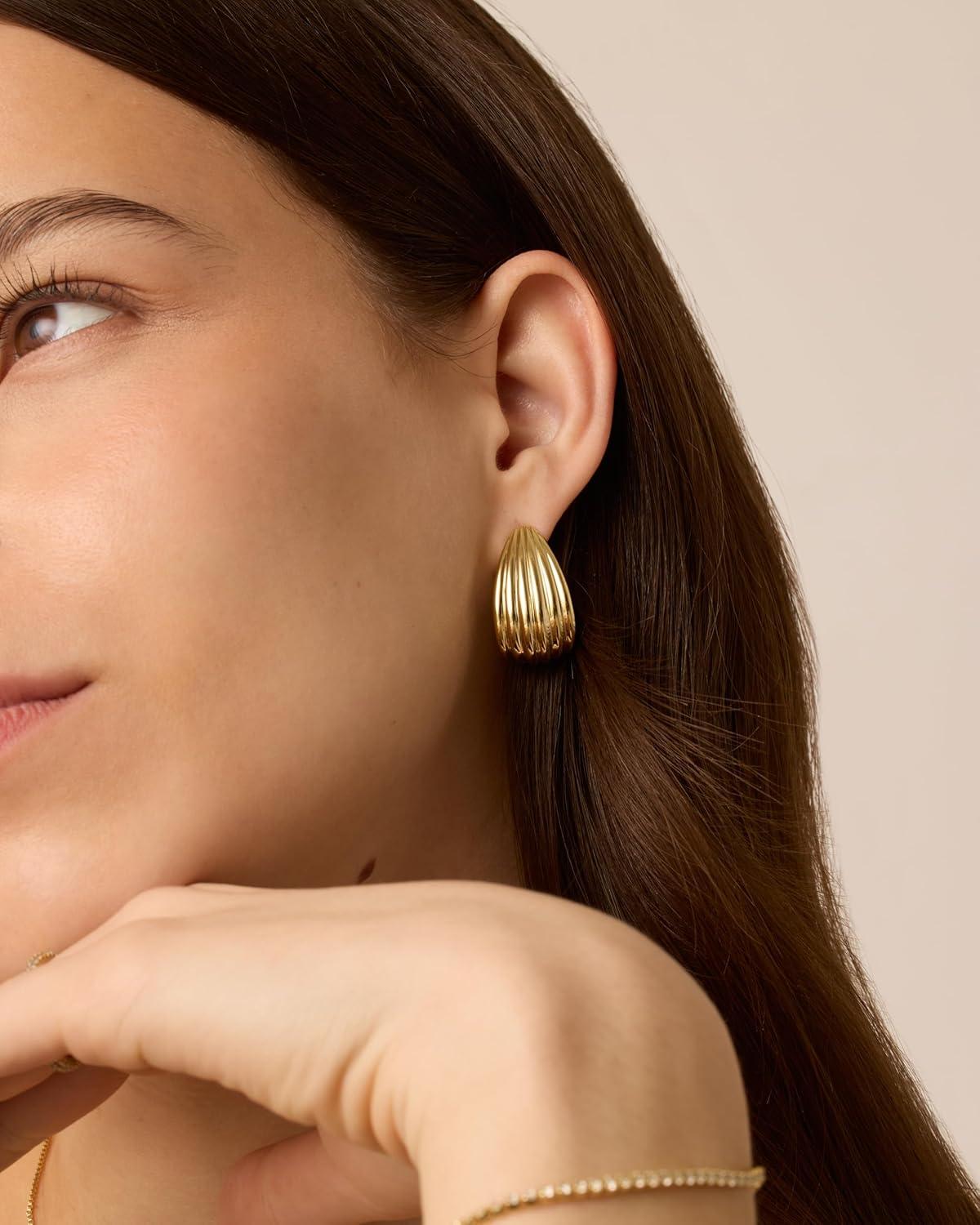 imagePAVOI 14K Gold Plated Chunky Vintage Earrings for Women  Trendy Textured Ribbed Knot Geometric Triangle Rope Button Seashell Wing Dangle Drop Stud Earrings DupesYellow Gold