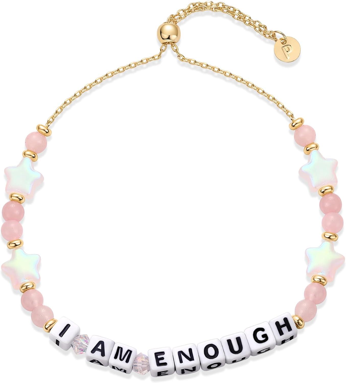 imagePAVOI 14K Gold Plated Colored Mantra Evil Eye Beaded Gemstone Bracelets for Women  Adjustable Friendship Beaded Bracelets with Words  I Am Enough Fearless Breathe Good Energy In My Era Grateful You Got This Affirmation BraceletI Am Enough