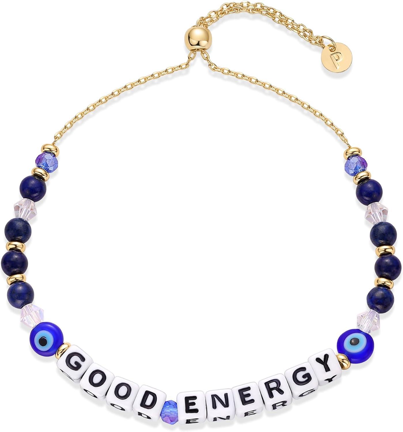 imagePAVOI 14K Gold Plated Colored Mantra Evil Eye Beaded Gemstone Bracelets for Women  Adjustable Friendship Beaded Bracelets with Words  I Am Enough Fearless Breathe Good Energy In My Era Grateful You Got This Affirmation BraceletGood Energy