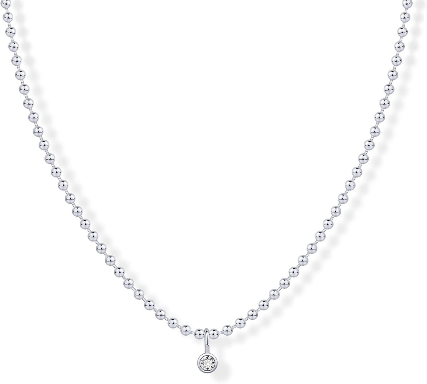 imagePAVOI 14K Gold Plated Dainty Tube Ball Square Beaded Chain Bezel Set Solitaire Pendant Necklace for Women  Round Princess Marquise Cubic Zirconia Statement NecklaceWhite Gold