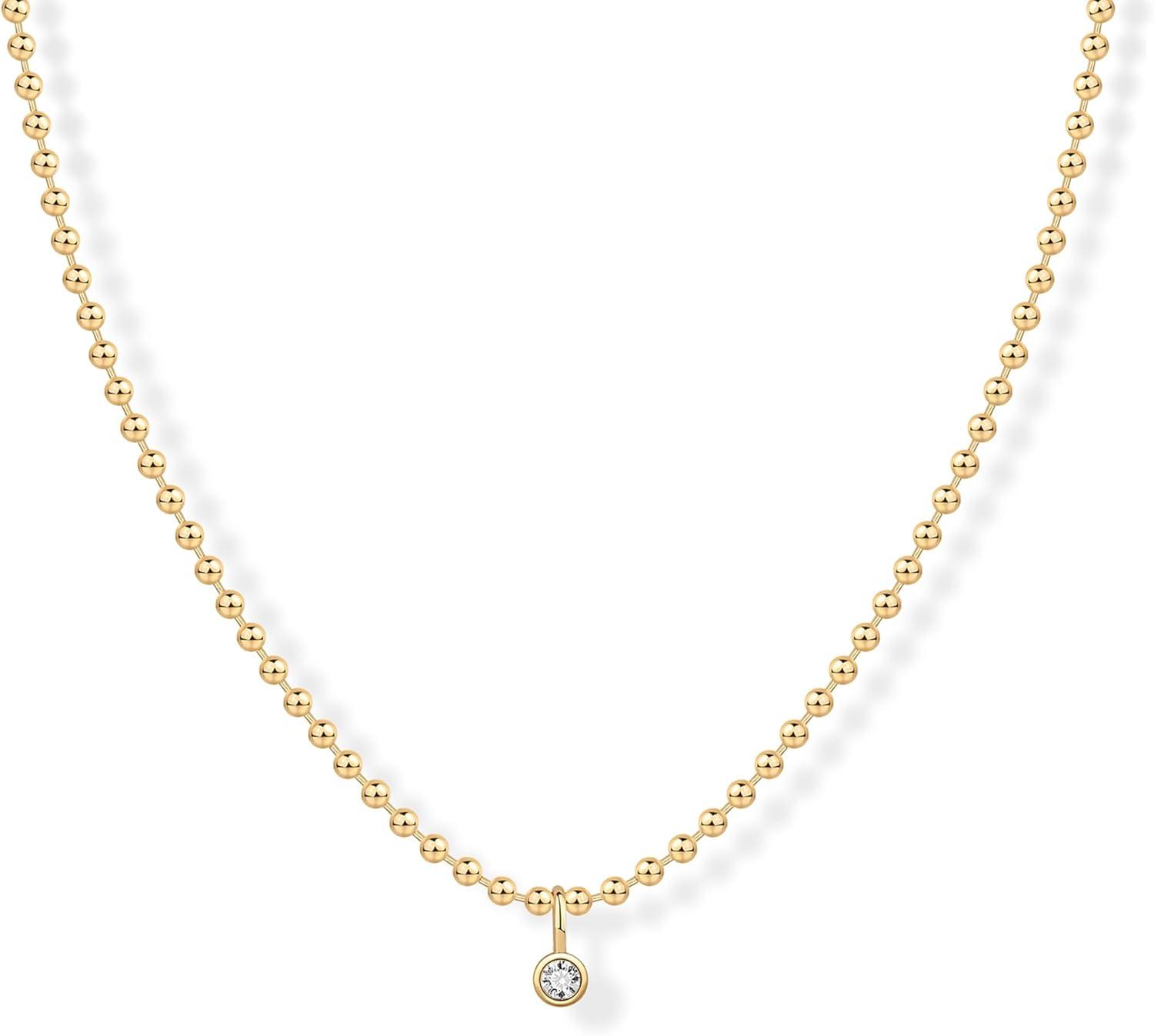 imagePAVOI 14K Gold Plated Dainty Tube Ball Square Beaded Chain Bezel Set Solitaire Pendant Necklace for Women  Round Princess Marquise Cubic Zirconia Statement NecklaceYellow Gold