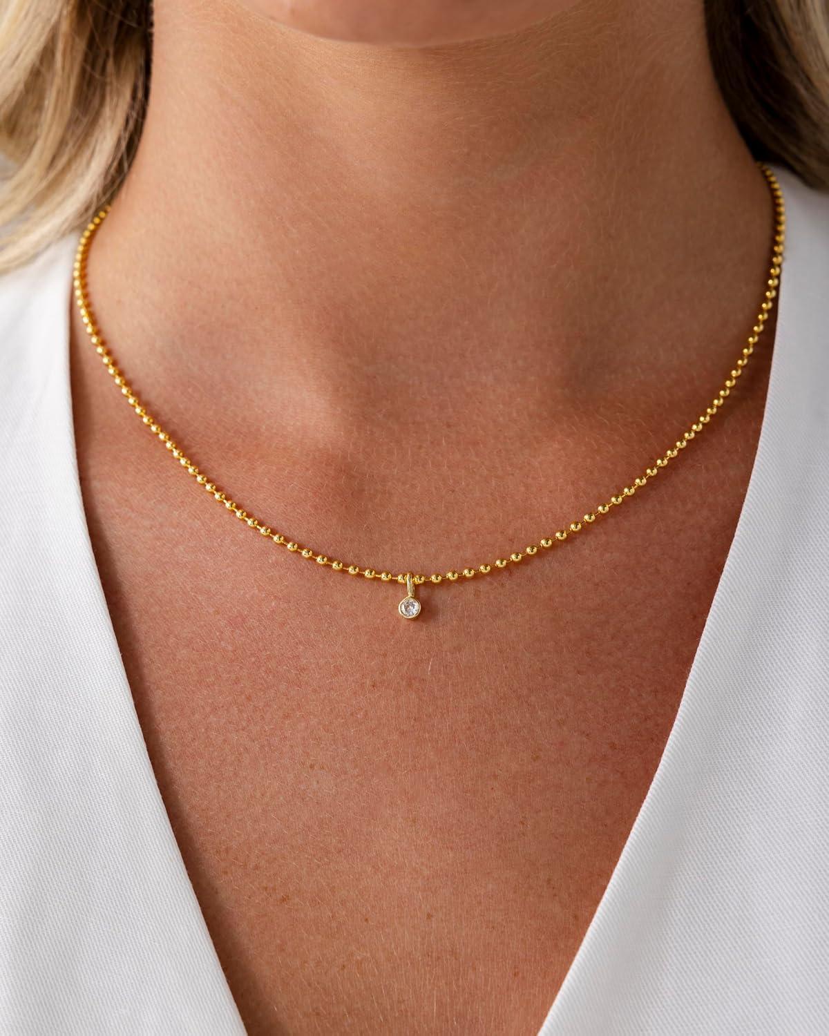 imagePAVOI 14K Gold Plated Dainty Tube Ball Square Beaded Chain Bezel Set Solitaire Pendant Necklace for Women  Round Princess Marquise Cubic Zirconia Statement NecklaceYellow Gold