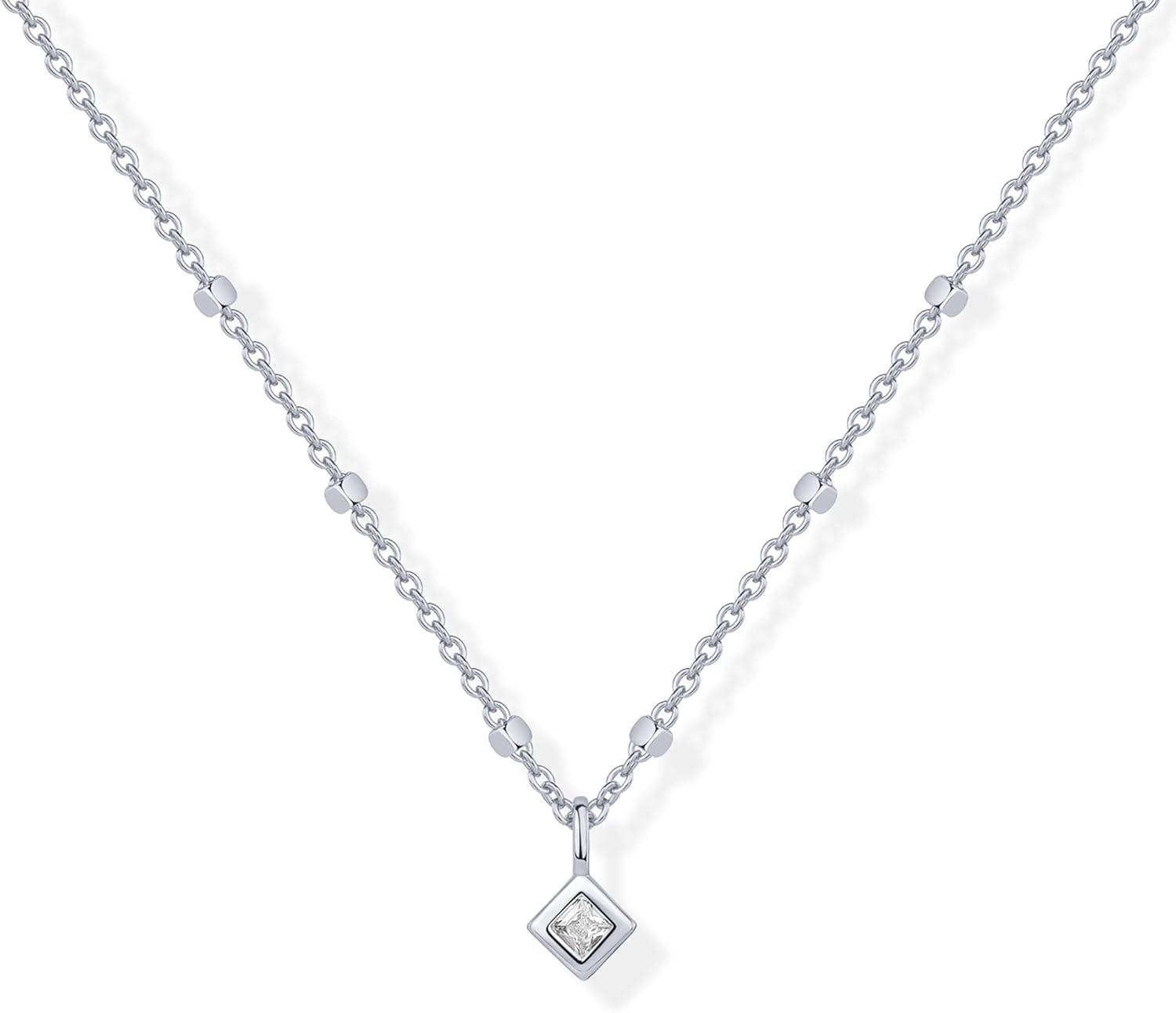 imagePAVOI 14K Gold Plated Dainty Tube Ball Square Beaded Chain Bezel Set Solitaire Pendant Necklace for Women  Round Princess Marquise Cubic Zirconia Statement NecklaceWhite Gold