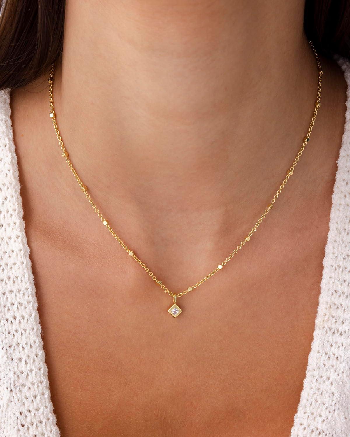 imagePAVOI 14K Gold Plated Dainty Tube Ball Square Beaded Chain Bezel Set Solitaire Pendant Necklace for Women  Round Princess Marquise Cubic Zirconia Statement NecklaceWhite Gold