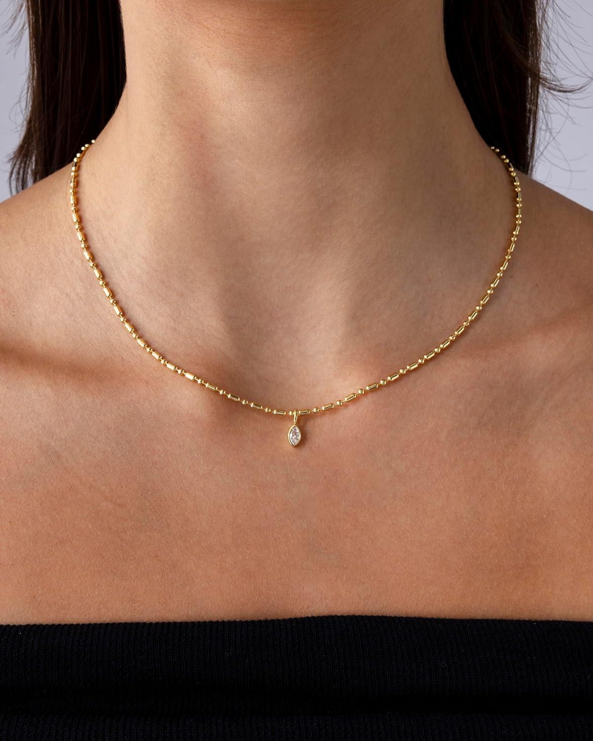 imagePAVOI 14K Gold Plated Dainty Tube Ball Square Beaded Chain Bezel Set Solitaire Pendant Necklace for Women  Round Princess Marquise Cubic Zirconia Statement NecklaceWhite Gold