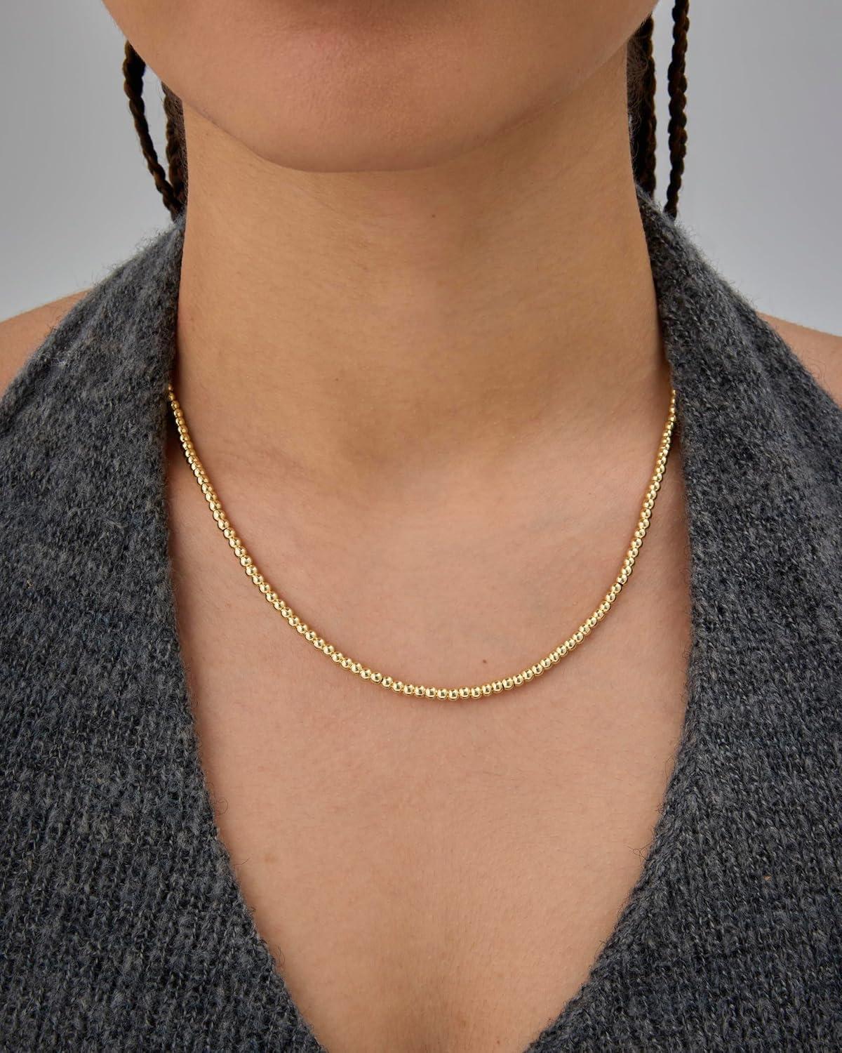 imagePAVOI 14K Gold Plated Small Bead Ball Chain Necklace for Women  Adjustable Dainty Gold Beaded Necklace  Trendy Choker Chain Layering Jewelry3mm Beads