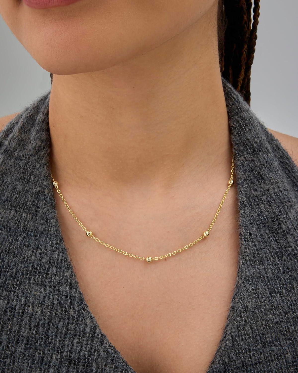 imagePAVOI 14K Gold Plated Small Bead Ball Chain Necklace for Women  Adjustable Dainty Gold Beaded Necklace  Trendy Choker Chain Layering JewelryBall Station