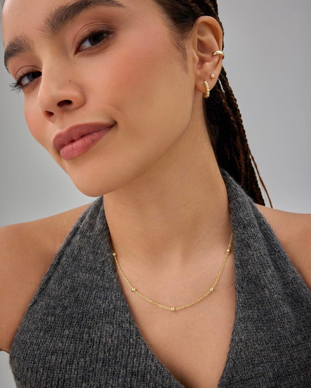 imagePAVOI 14K Gold Plated Small Bead Ball Chain Necklace for Women  Adjustable Dainty Gold Beaded Necklace  Trendy Choker Chain Layering JewelryBall Station