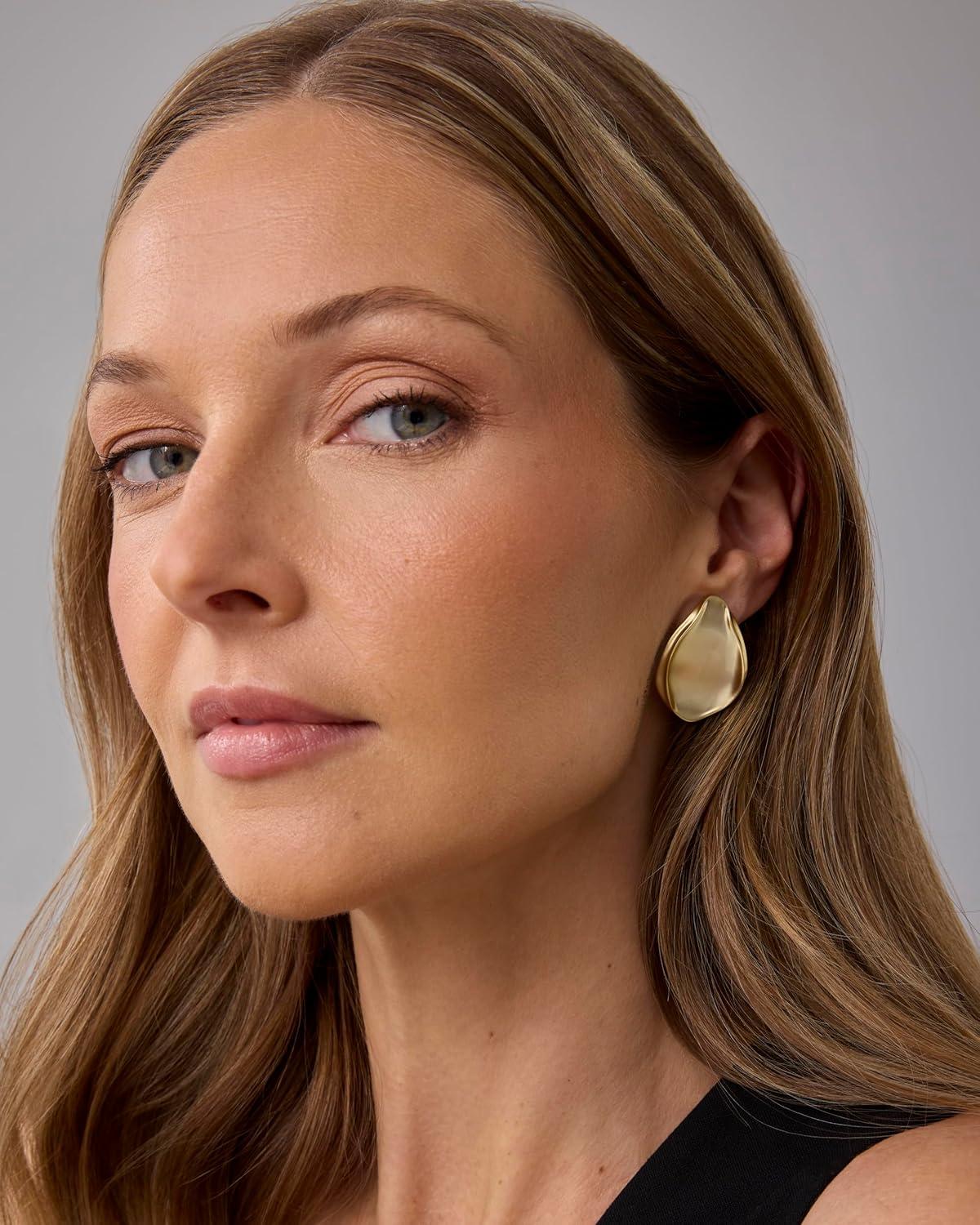 imagePAVOI 14K Gold Plated Sterling Silver Posts Chunky Vintage Organic Hammered Brushed and Textured Geometric Earrings for Women  Statement Earring PairBrushed