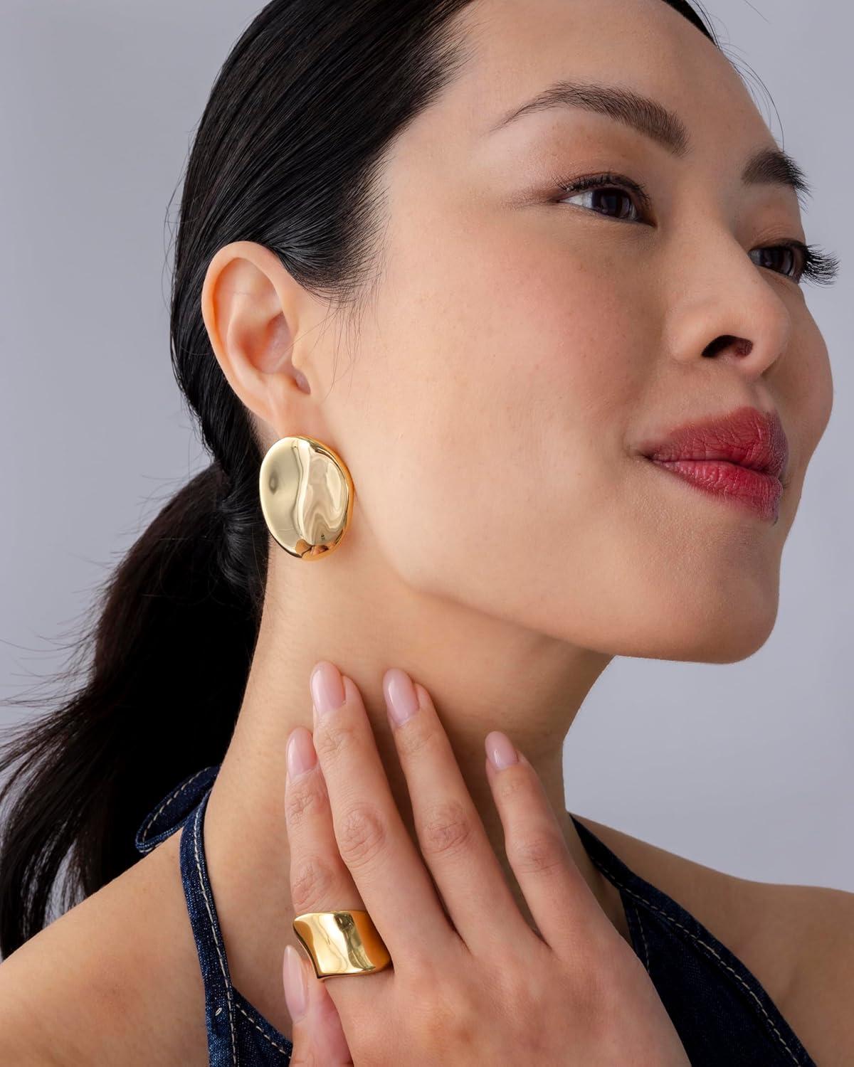 imagePAVOI 14K Gold Plated Sterling Silver Posts Chunky Vintage Organic Hammered Brushed and Textured Geometric Earrings for Women  Statement Earring PairHammered