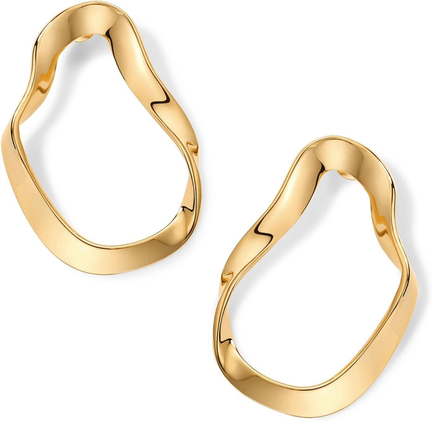 imagePAVOI 14K Gold Plated Sterling Silver Posts Chunky Vintage Organic Hammered Brushed and Textured Geometric Earrings for Women  Statement Earring PairWavy