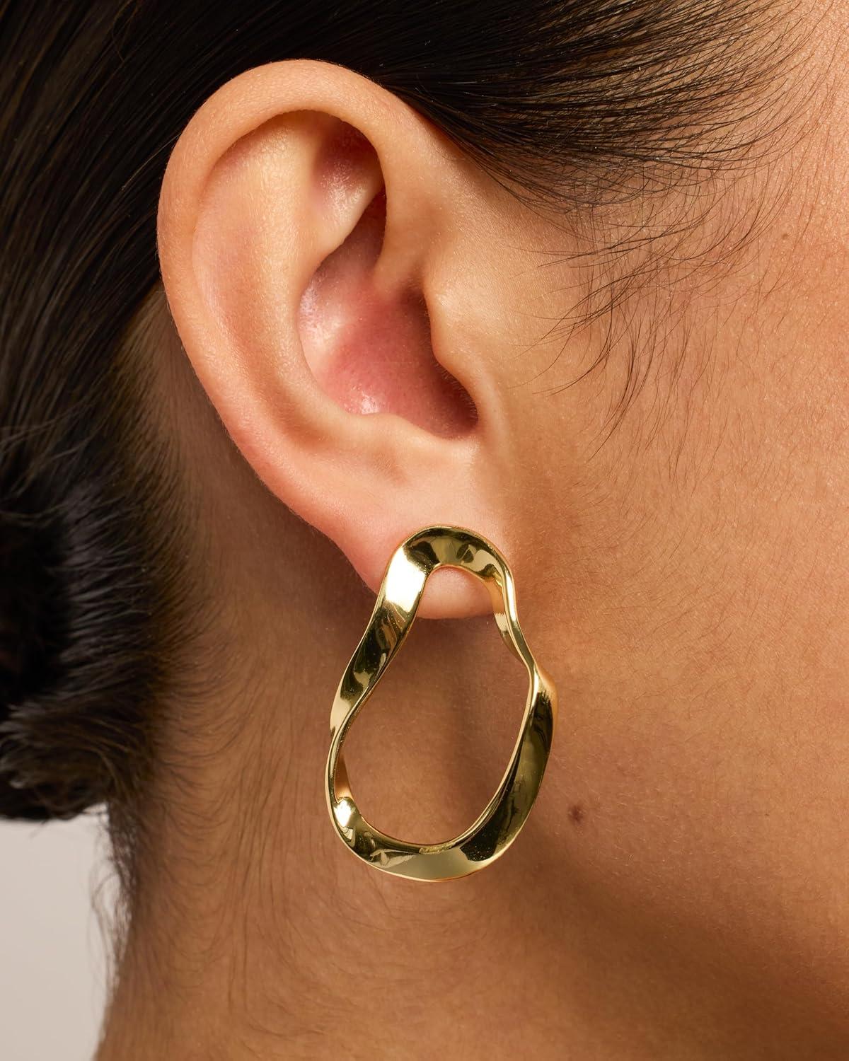 imagePAVOI 14K Gold Plated Sterling Silver Posts Chunky Vintage Organic Hammered Brushed and Textured Geometric Earrings for Women  Statement Earring PairWavy
