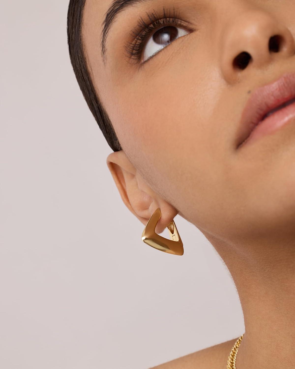 imagePAVOI 14K Gold Plated Sterling Silver Posts Geometric Hoop Earrings for Women  Trendy Geo Long Oval UShaped Link Triangle Huggie Hoops EarringTriangle