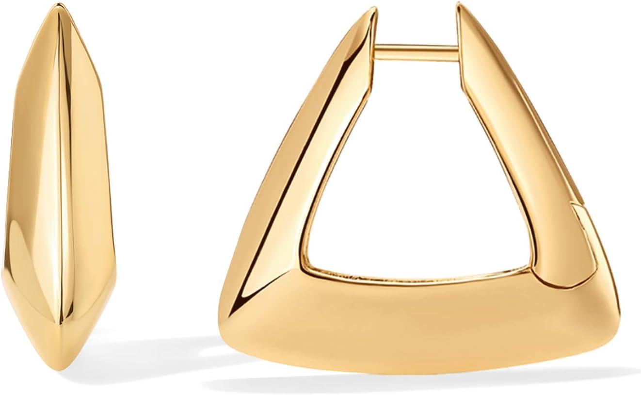 imagePAVOI 14K Gold Plated Sterling Silver Posts Geometric Hoop Earrings for Women  Trendy Geo Long Oval UShaped Link Triangle Huggie Hoops EarringTriangle