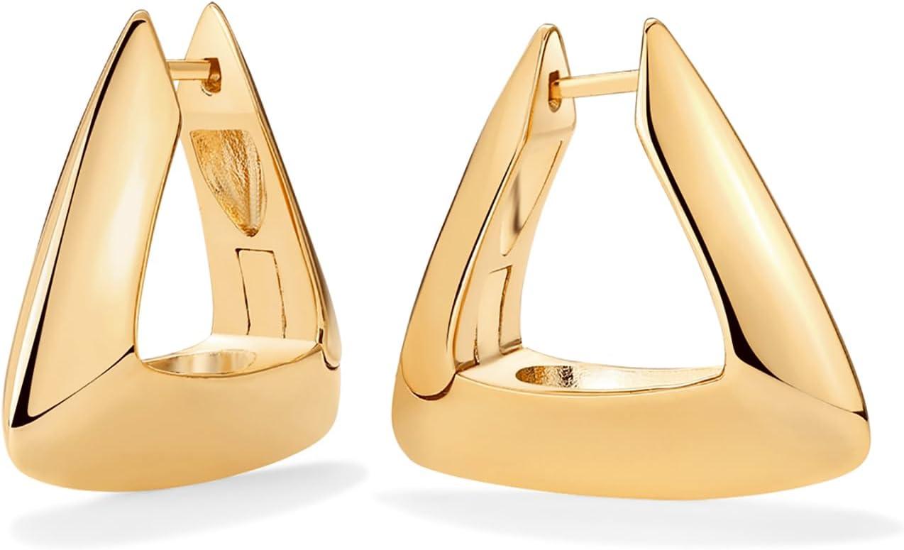 imagePAVOI 14K Gold Plated Sterling Silver Posts Geometric Hoop Earrings for Women  Trendy Geo Long Oval UShaped Link Triangle Huggie Hoops EarringTriangle