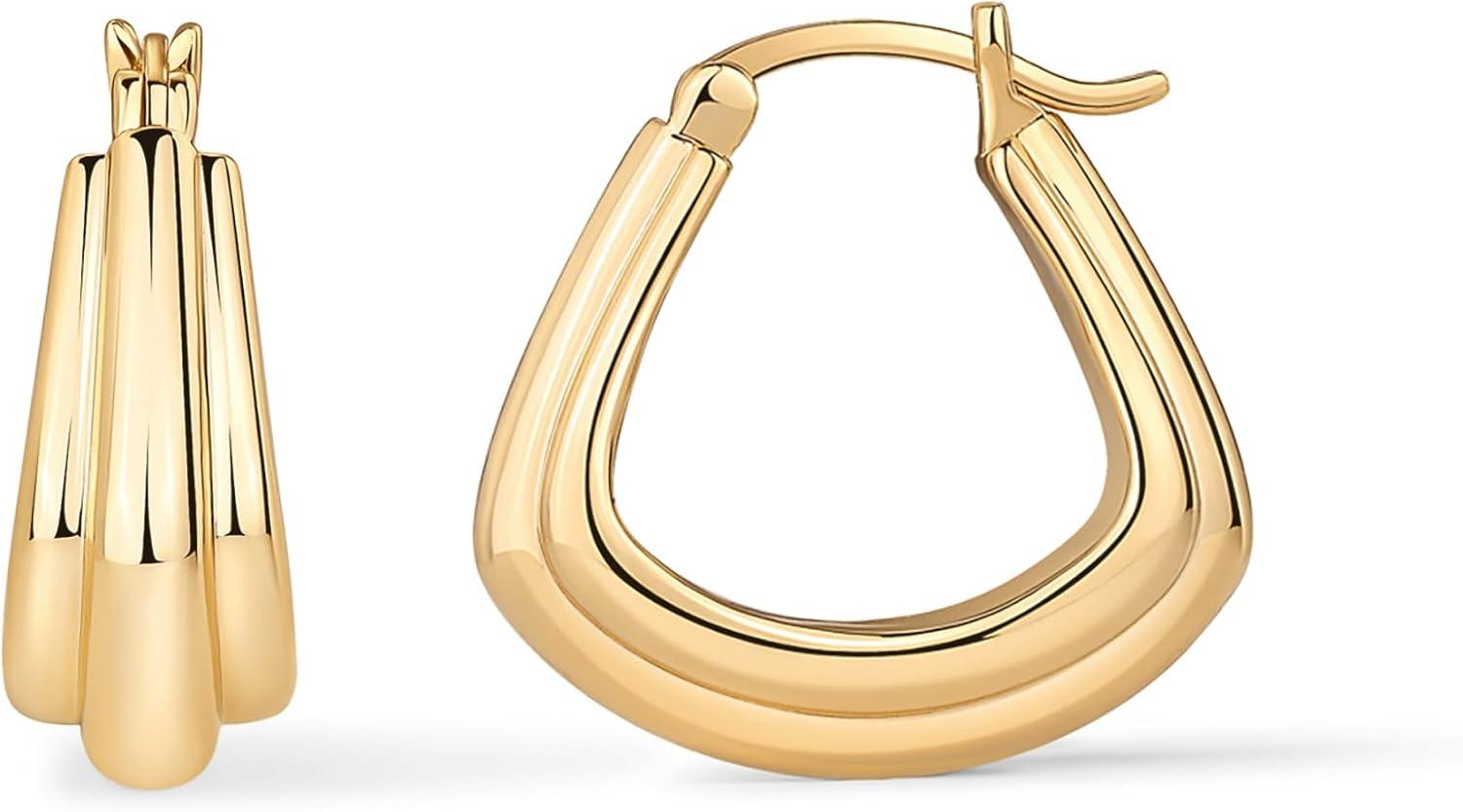 imagePAVOI 14K Gold Plated Sterling Silver Posts Geometric Hoop Earrings for Women  Trendy Geo Long Oval UShaped Link Triangle Huggie Hoops EarringTriple
