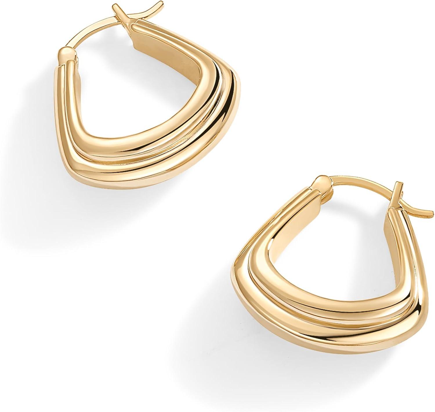 imagePAVOI 14K Gold Plated Sterling Silver Posts Geometric Hoop Earrings for Women  Trendy Geo Long Oval UShaped Link Triangle Huggie Hoops EarringTriple