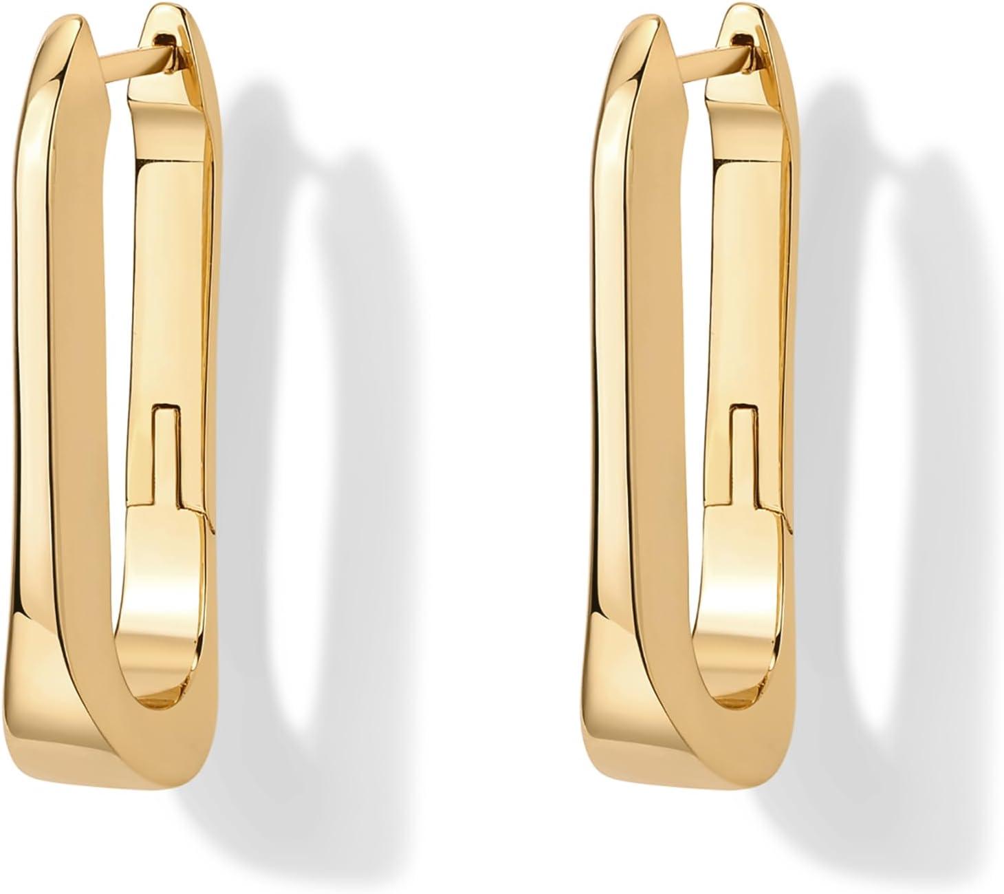 imagePAVOI 14K Gold Plated Sterling Silver Posts Geometric Hoop Earrings for Women  Trendy Geo Long Oval UShaped Link Triangle Huggie Hoops EarringUShaped