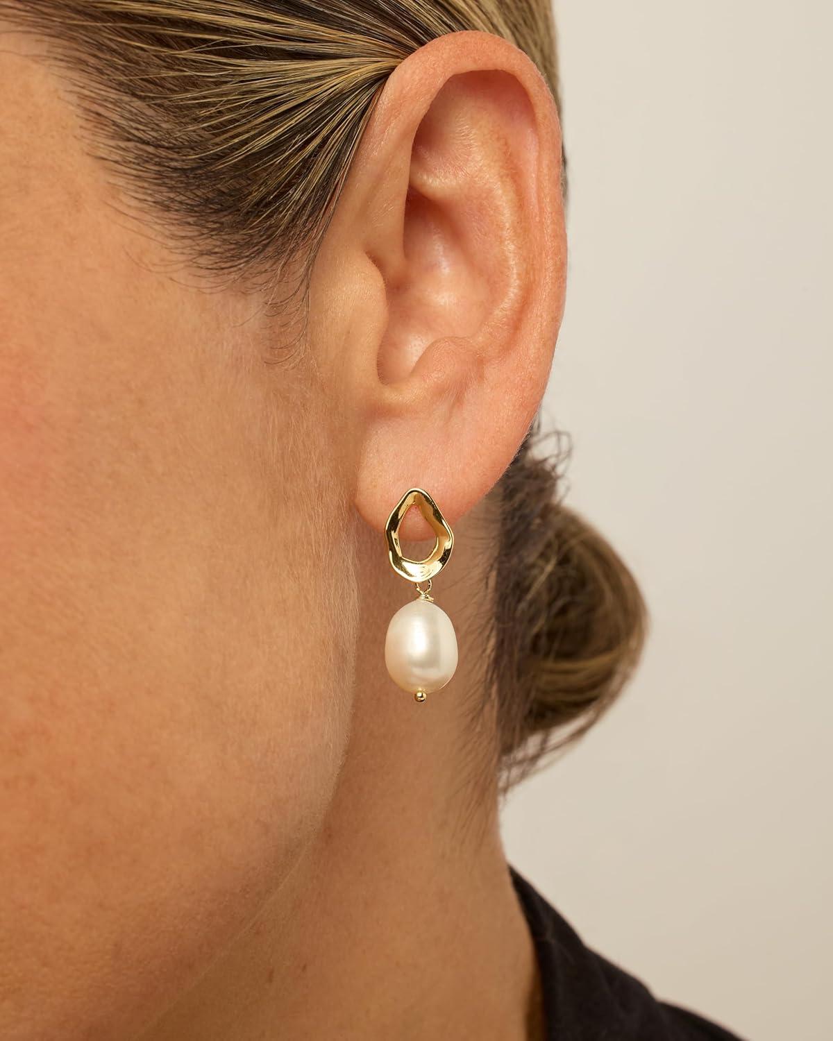 imagePAVOI 14K Gold Plated Sterling Silver Statement Pearl Drop Earrings for Women  Lightweight Pearl Dangle Studs EarringsWhite Gold