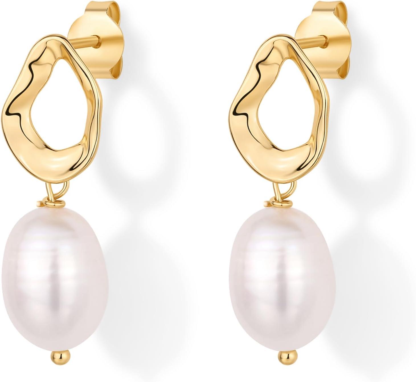 imagePAVOI 14K Gold Plated Sterling Silver Statement Pearl Drop Earrings for Women  Lightweight Pearl Dangle Studs EarringsYellow Gold