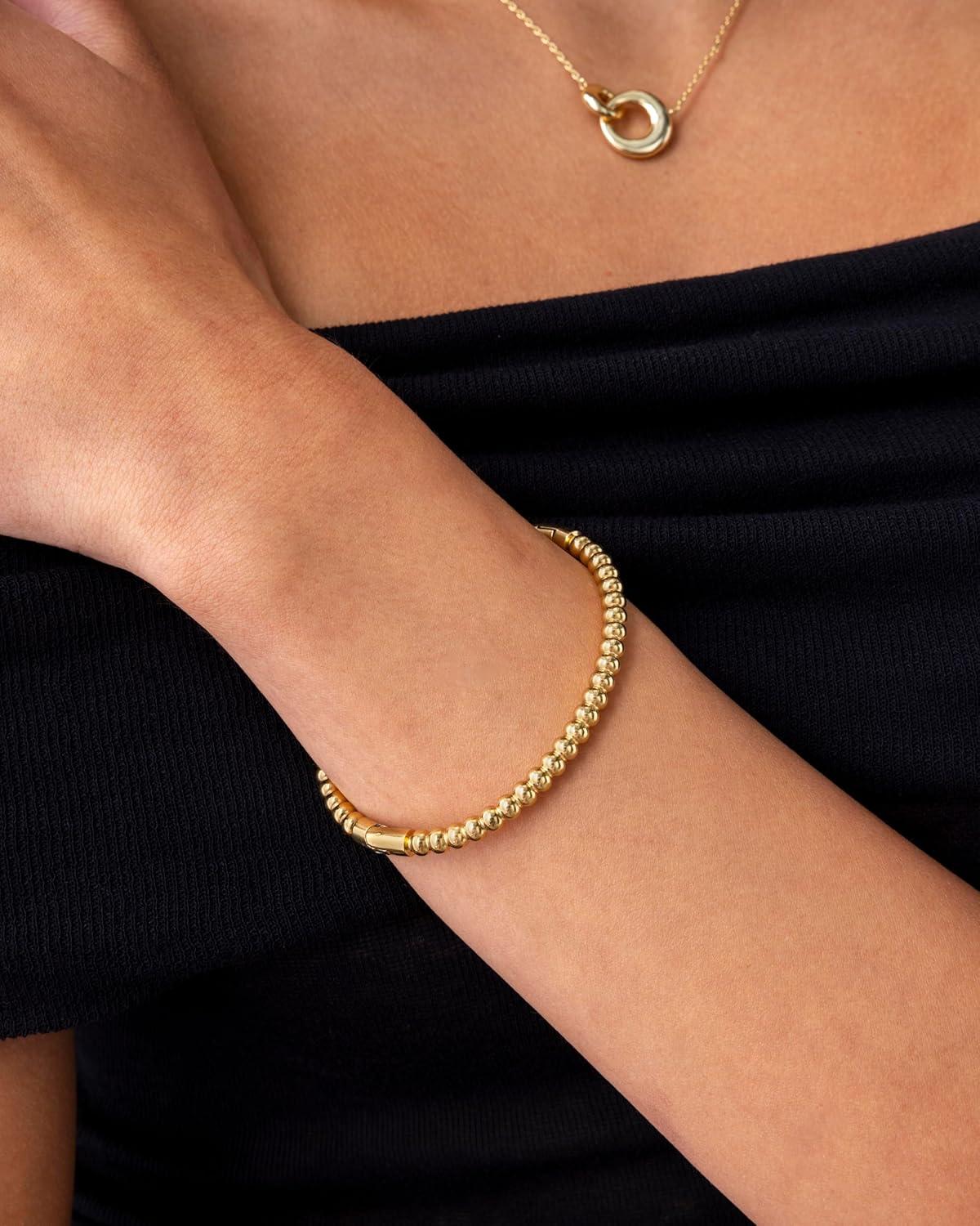 imagePAVOI 14K Gold Plated Waterproof Bangle Bracelets for Women  Stainless Steel Faceted Hammered Ball Beaded Hinged BraceletWhite Gold