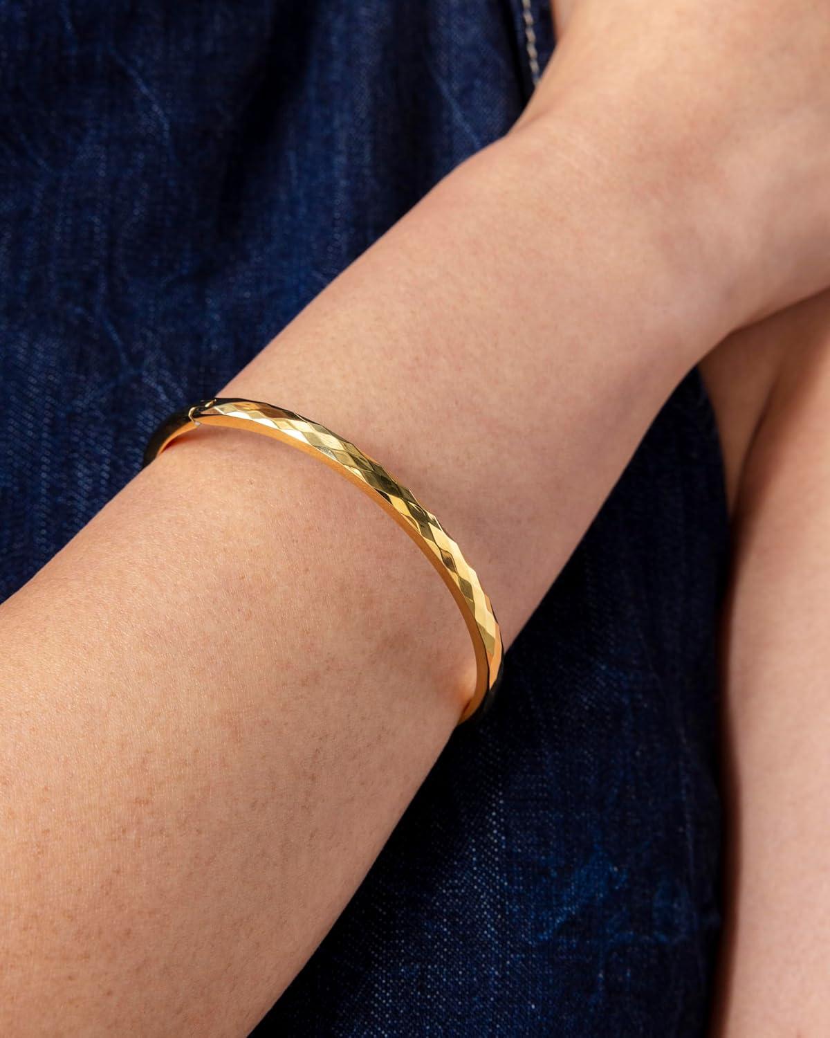 imagePAVOI 14K Gold Plated Waterproof Bangle Bracelets for Women  Stainless Steel Faceted Hammered Ball Beaded Hinged BraceletWhite Gold