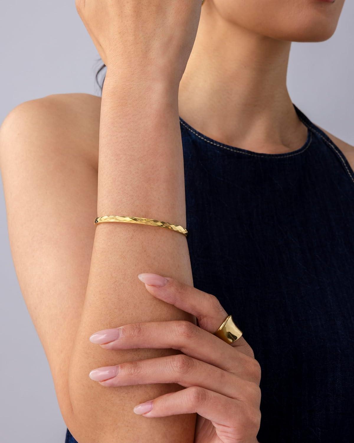 imagePAVOI 14K Gold Plated Waterproof Bangle Bracelets for Women  Stainless Steel Faceted Hammered Ball Beaded Hinged BraceletYellow Gold
