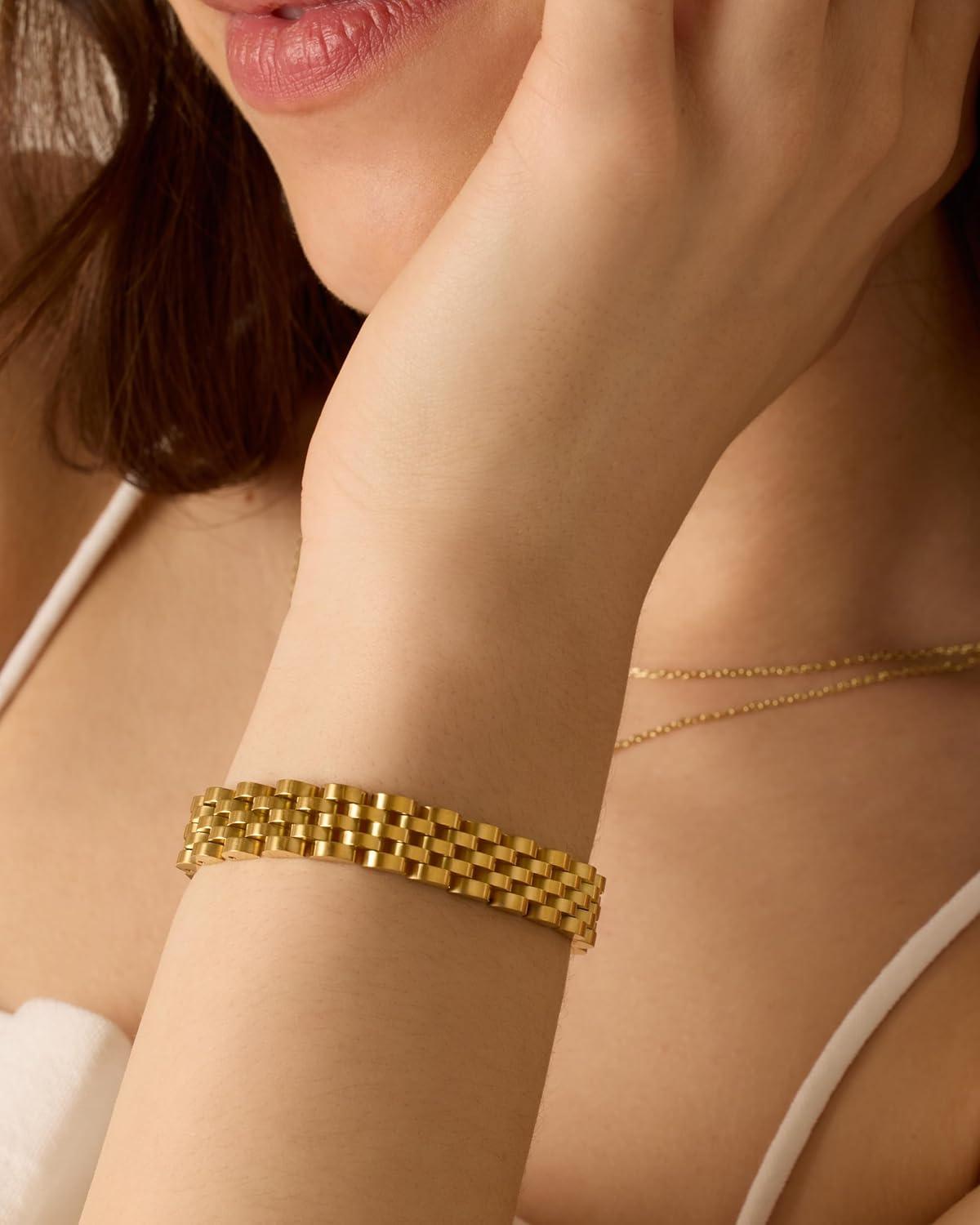 imagePAVOI 14K Gold Plated Waterproof Watch Strap Chain Bracelet for Women  Two Toned Mixed Metals Stainless Steel Chunky Link BraceletWhite And Yellow Gold