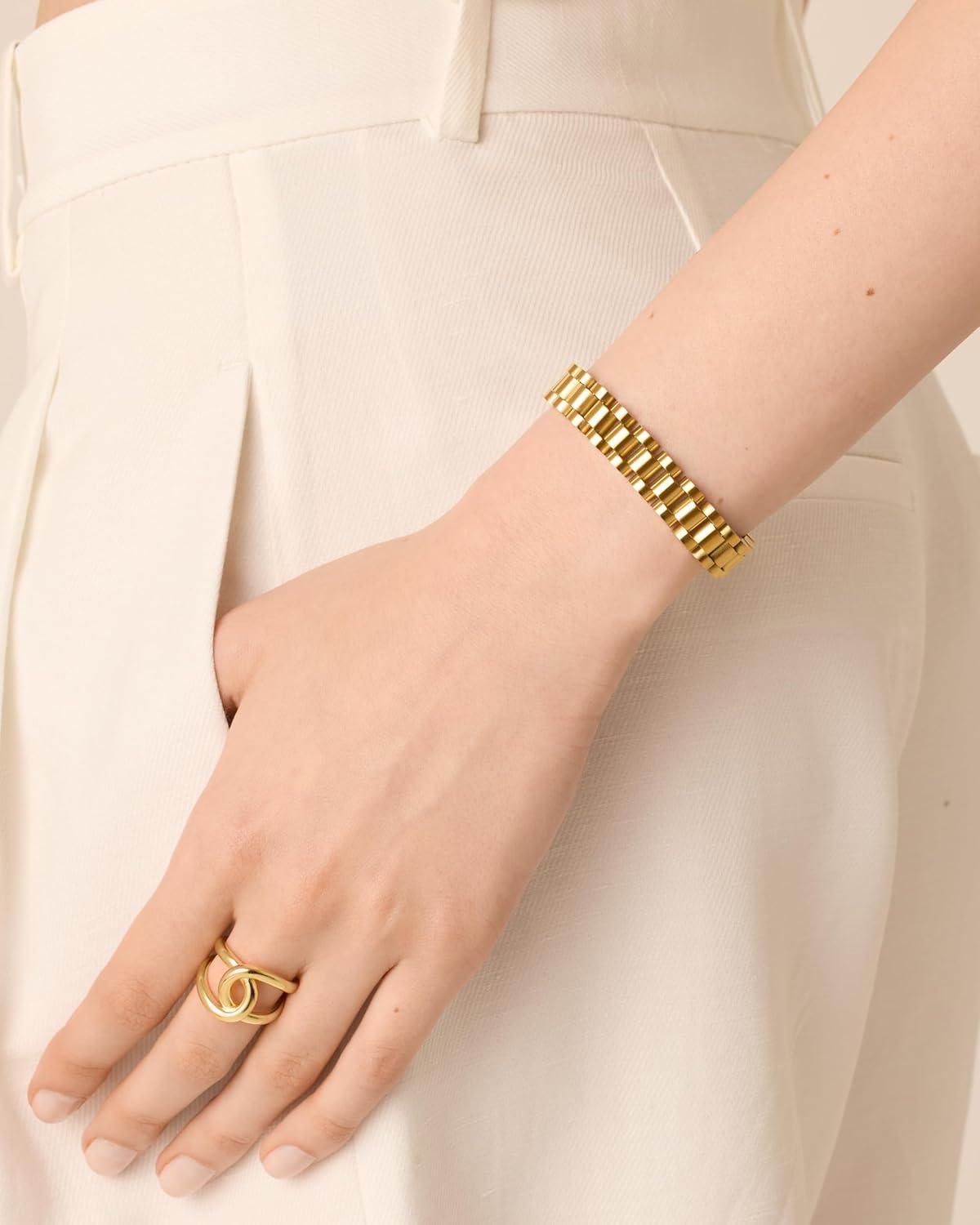imagePAVOI 14K Gold Plated Waterproof Watch Strap Chain Bracelet for Women  Two Toned Mixed Metals Stainless Steel Chunky Link BraceletWhite And Yellow Gold