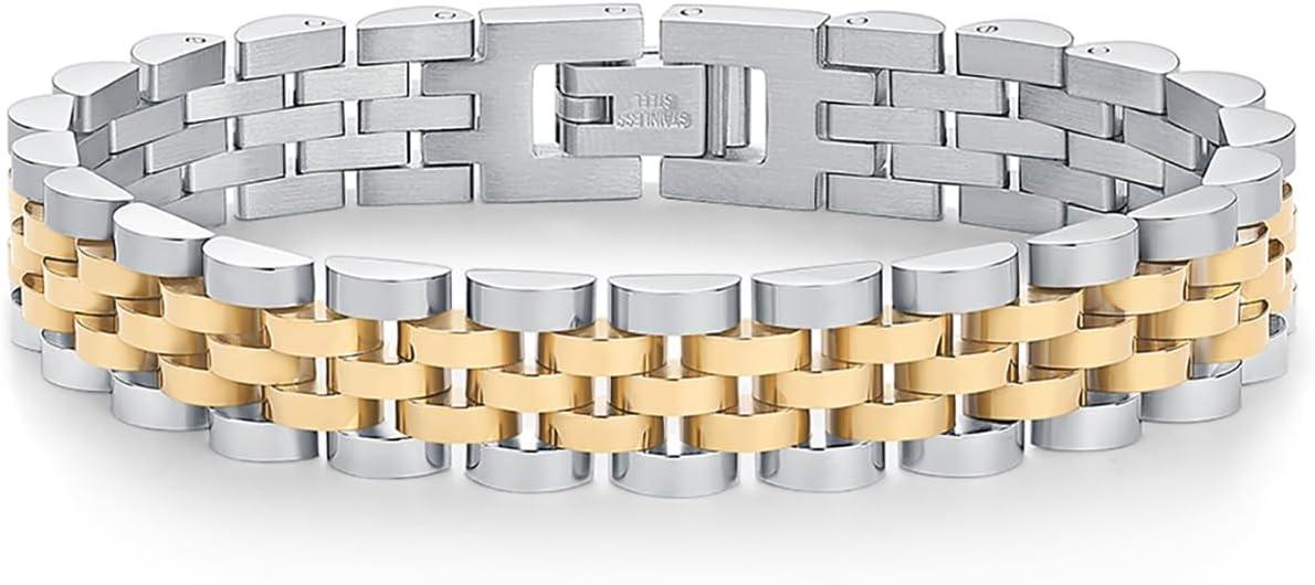 imagePAVOI 14K Gold Plated Waterproof Watch Strap Chain Bracelet for Women  Two Toned Mixed Metals Stainless Steel Chunky Link BraceletWhite And Yellow Gold
