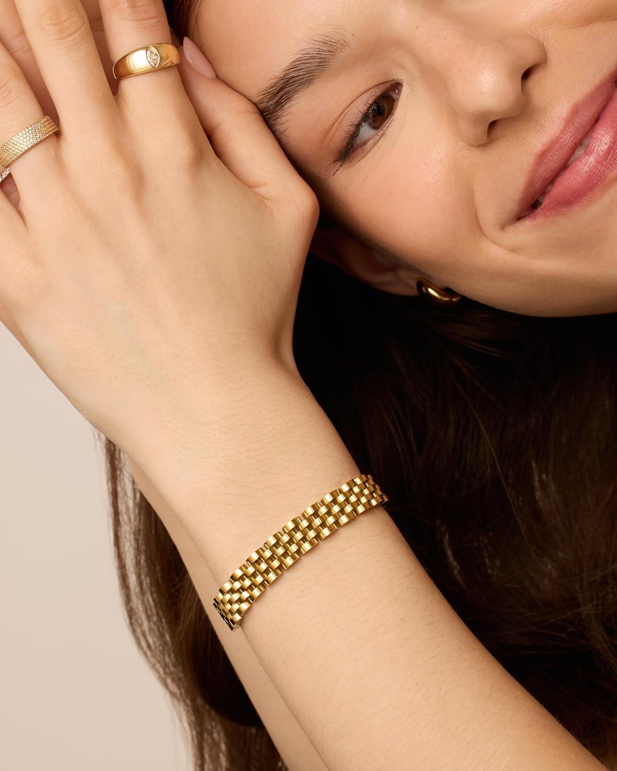 imagePAVOI 14K Gold Plated Waterproof Watch Strap Chain Bracelet for Women  Two Toned Mixed Metals Stainless Steel Chunky Link BraceletYellow Gold