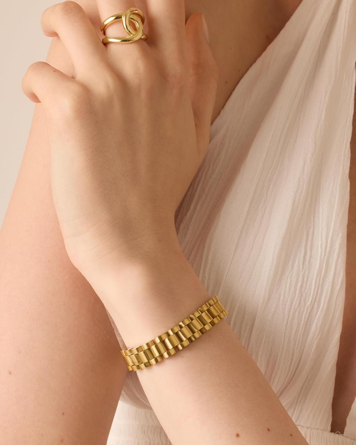imagePAVOI 14K Gold Plated Waterproof Watch Strap Chain Bracelet for Women  Two Toned Mixed Metals Stainless Steel Chunky Link BraceletYellow Gold