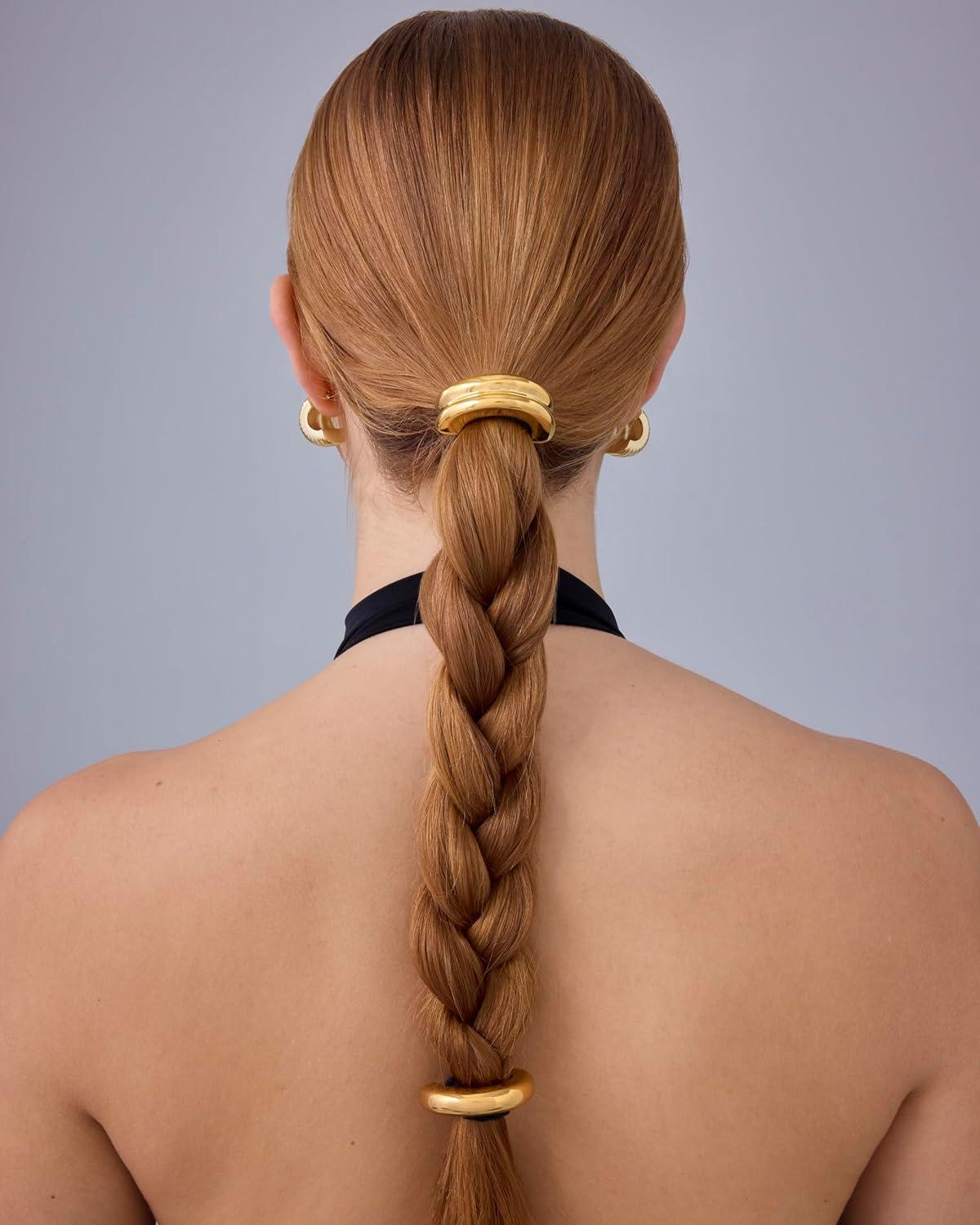 imagePAVOI 14K Yellow Gold Double Arch Chunky Metal Hair Band Ponytail Holders for Women  Stainless Steel Statement Cuff Fashion Accessories  Waterproof Stretchy Gold Hair TiesDouble Arch Yellow Gold