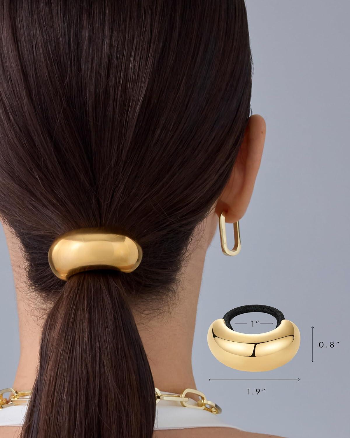 imagePAVOI 14K Yellow Gold Double Arch Chunky Metal Hair Band Ponytail Holders for Women  Stainless Steel Statement Cuff Fashion Accessories  Waterproof Stretchy Gold Hair TiesDome Yellow Gold