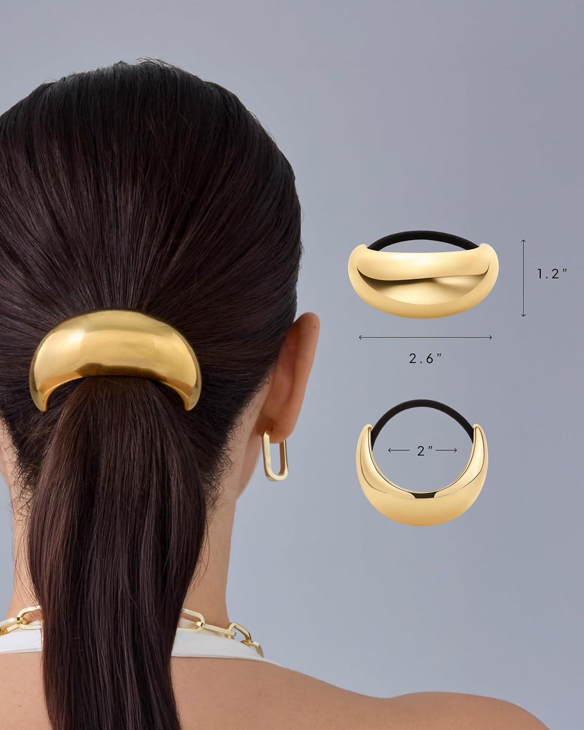 imagePAVOI 14K Yellow Gold Double Arch Chunky Metal Hair Band Ponytail Holders for Women  Stainless Steel Statement Cuff Fashion Accessories  Waterproof Stretchy Gold Hair TiesChunky Yellow Gold