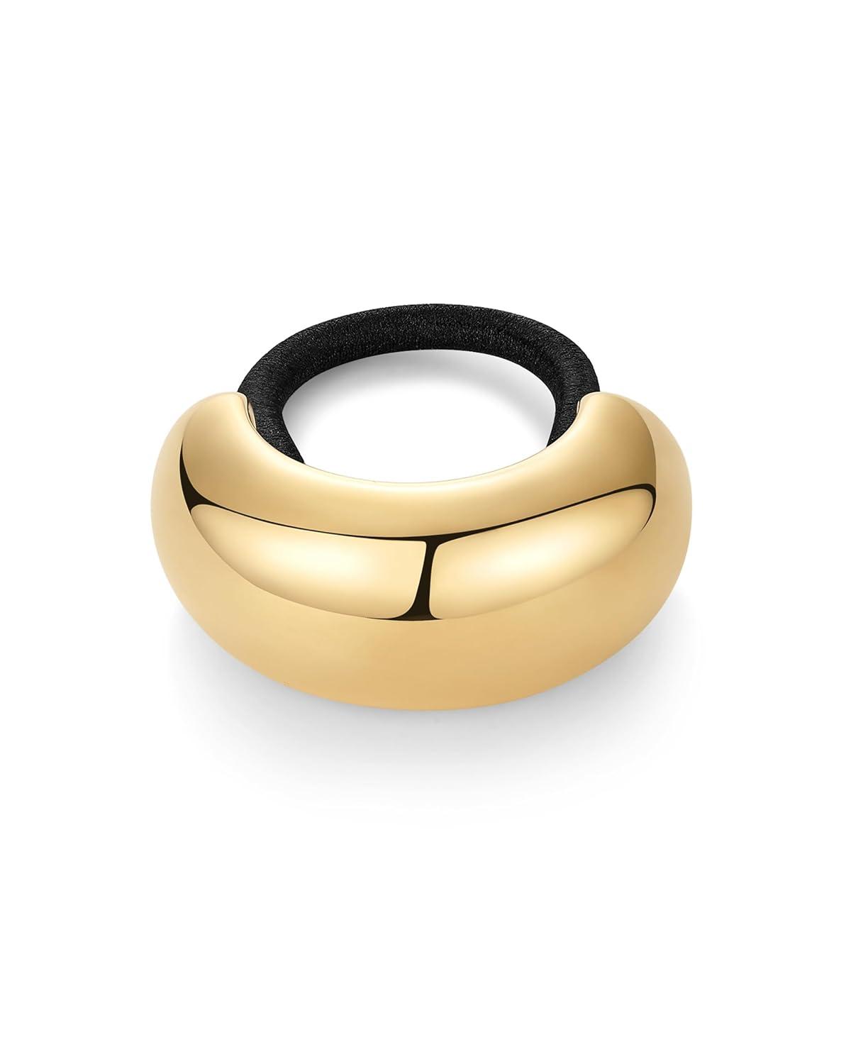 imagePAVOI 14K Yellow Gold Double Arch Chunky Metal Hair Band Ponytail Holders for Women  Stainless Steel Statement Cuff Fashion Accessories  Waterproof Stretchy Gold Hair TiesDome Yellow Gold