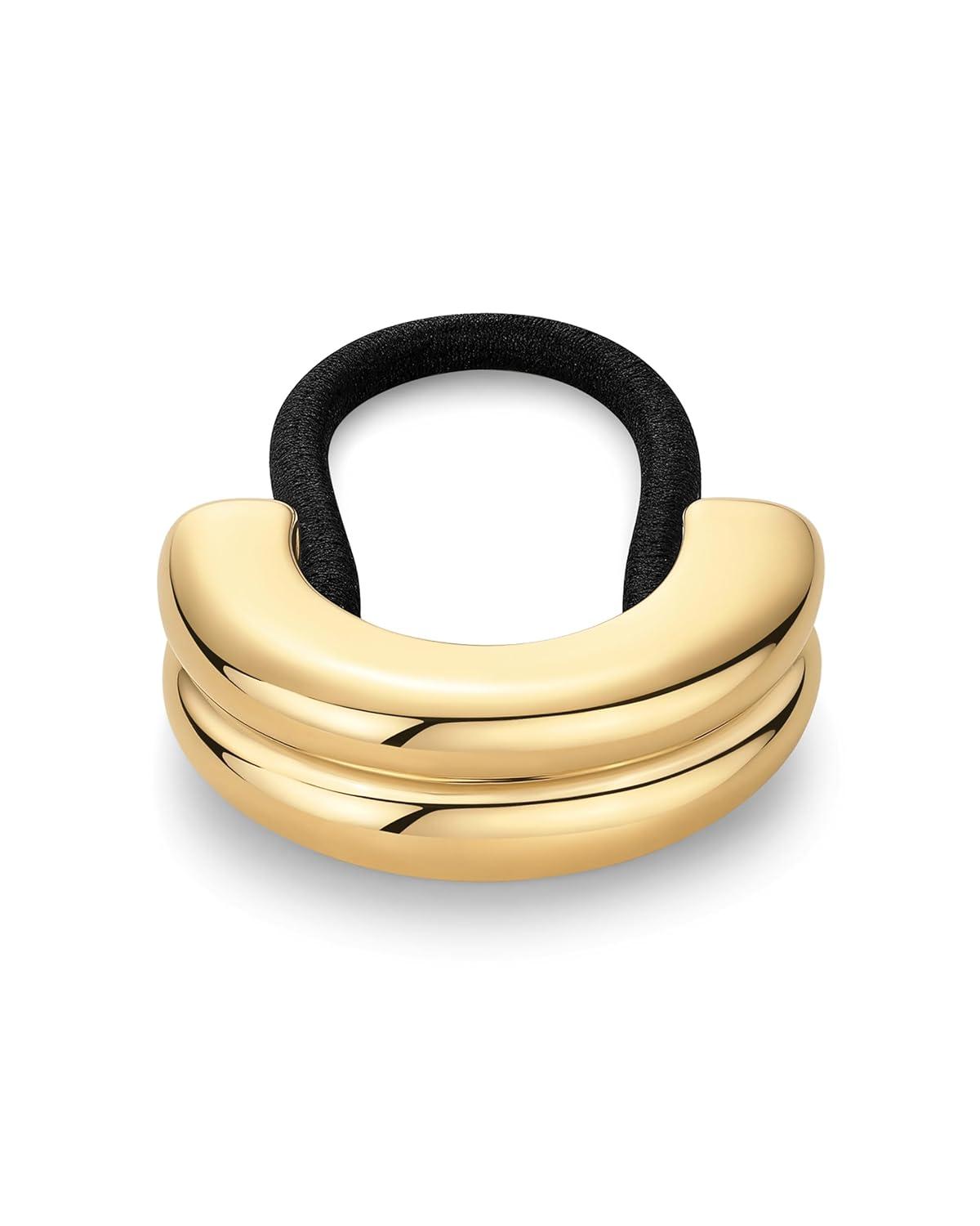 imagePAVOI 14K Yellow Gold Double Arch Chunky Metal Hair Band Ponytail Holders for Women  Stainless Steel Statement Cuff Fashion Accessories  Waterproof Stretchy Gold Hair TiesDouble Arch Yellow Gold