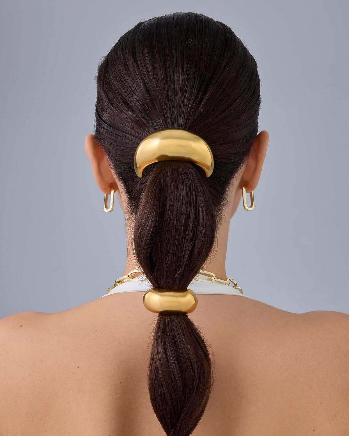 imagePAVOI 14K Yellow Gold Double Arch Chunky Metal Hair Band Ponytail Holders for Women  Stainless Steel Statement Cuff Fashion Accessories  Waterproof Stretchy Gold Hair TiesChunky Yellow Gold