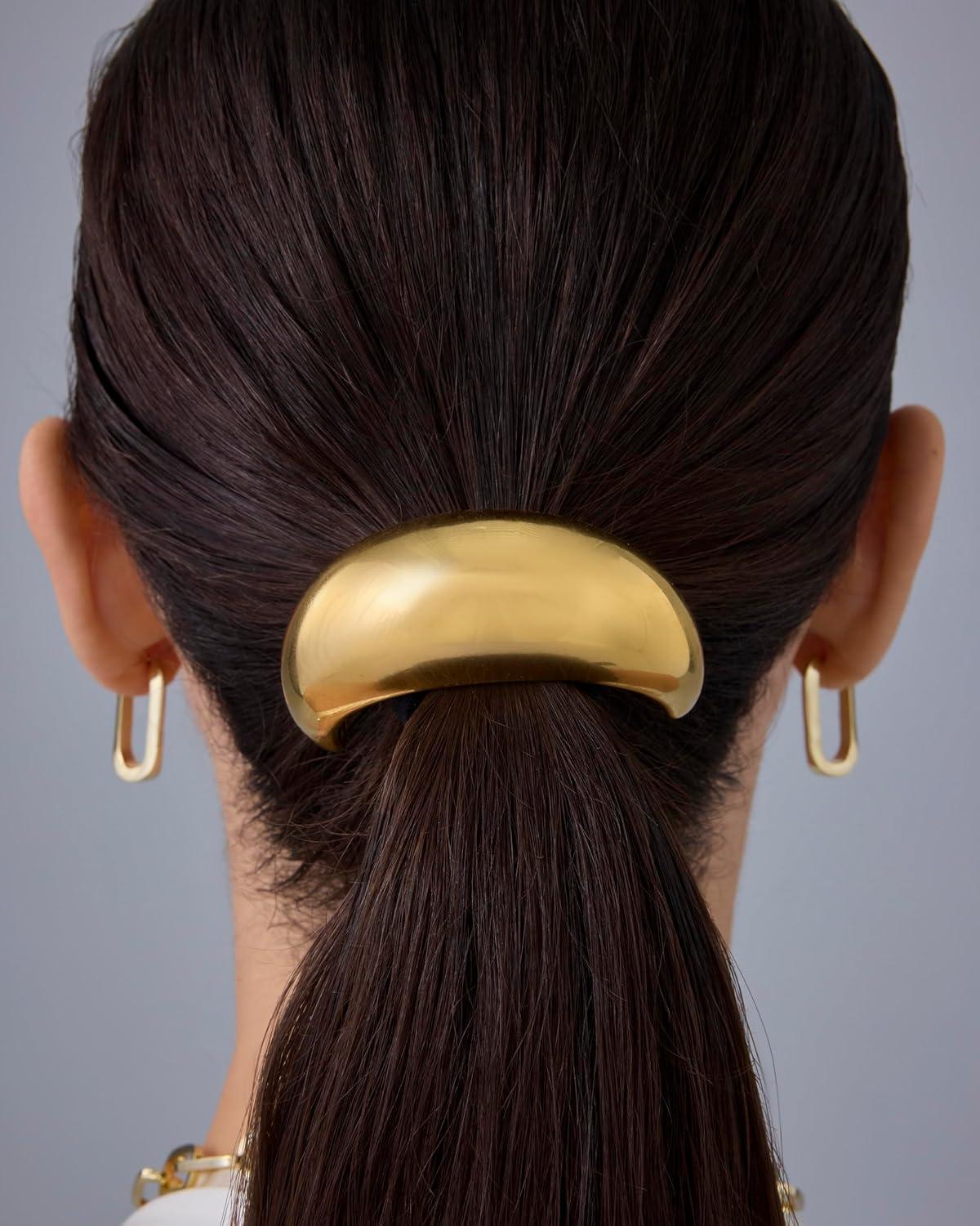 imagePAVOI 14K Yellow Gold Double Arch Chunky Metal Hair Band Ponytail Holders for Women  Stainless Steel Statement Cuff Fashion Accessories  Waterproof Stretchy Gold Hair TiesChunky Yellow Gold