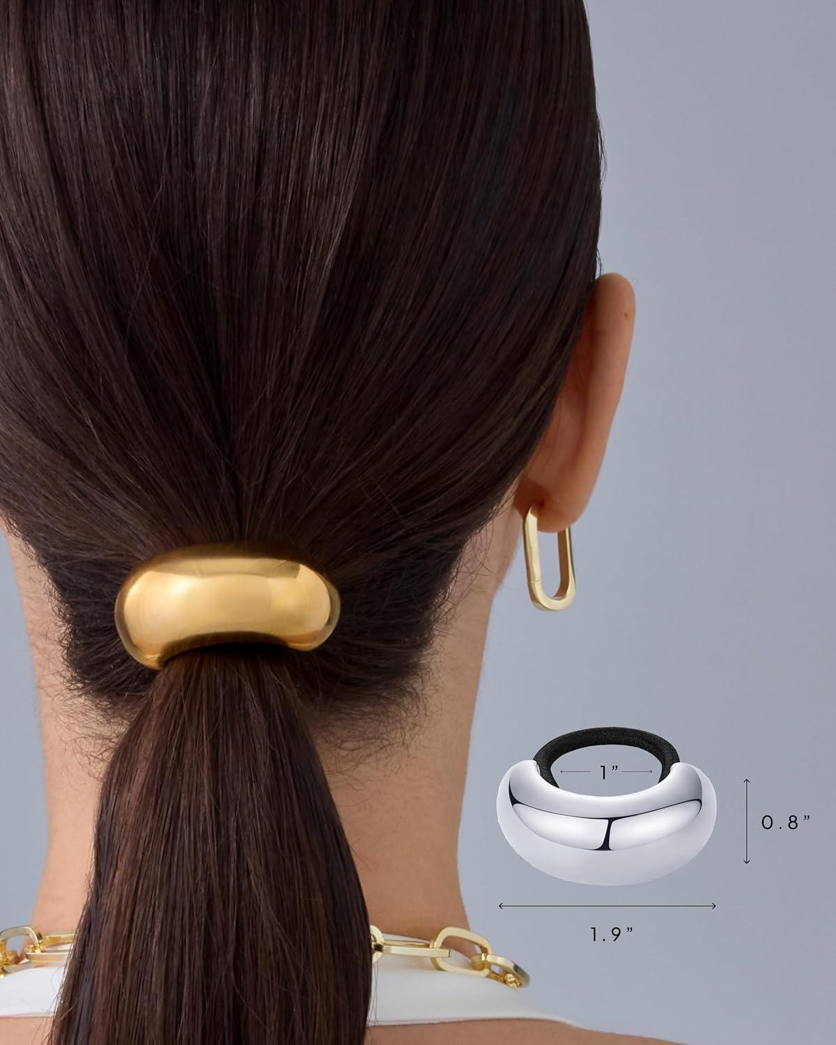 imagePAVOI 14K Yellow Gold Double Arch Chunky Metal Hair Band Ponytail Holders for Women  Stainless Steel Statement Cuff Fashion Accessories  Waterproof Stretchy Gold Hair TiesDome White Gold