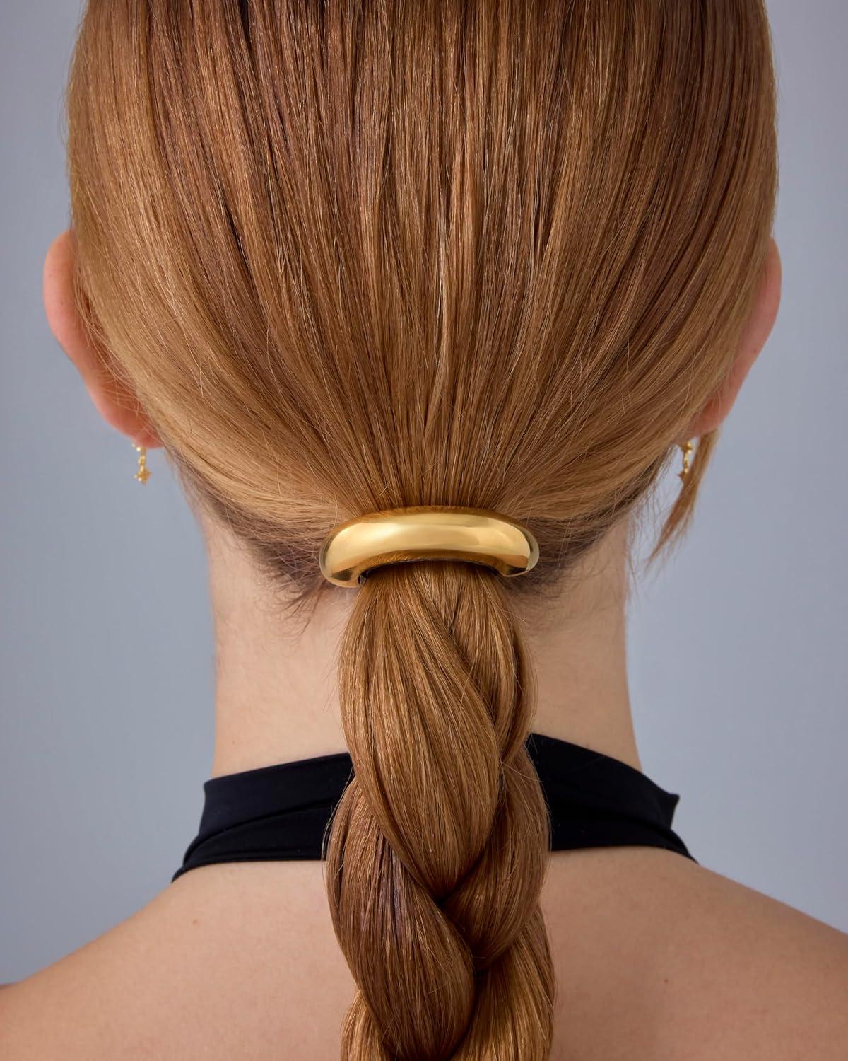 imagePAVOI 14K Yellow Gold Double Arch Chunky Metal Hair Band Ponytail Holders for Women  Stainless Steel Statement Cuff Fashion Accessories  Waterproof Stretchy Gold Hair TiesArch Yellow Gold