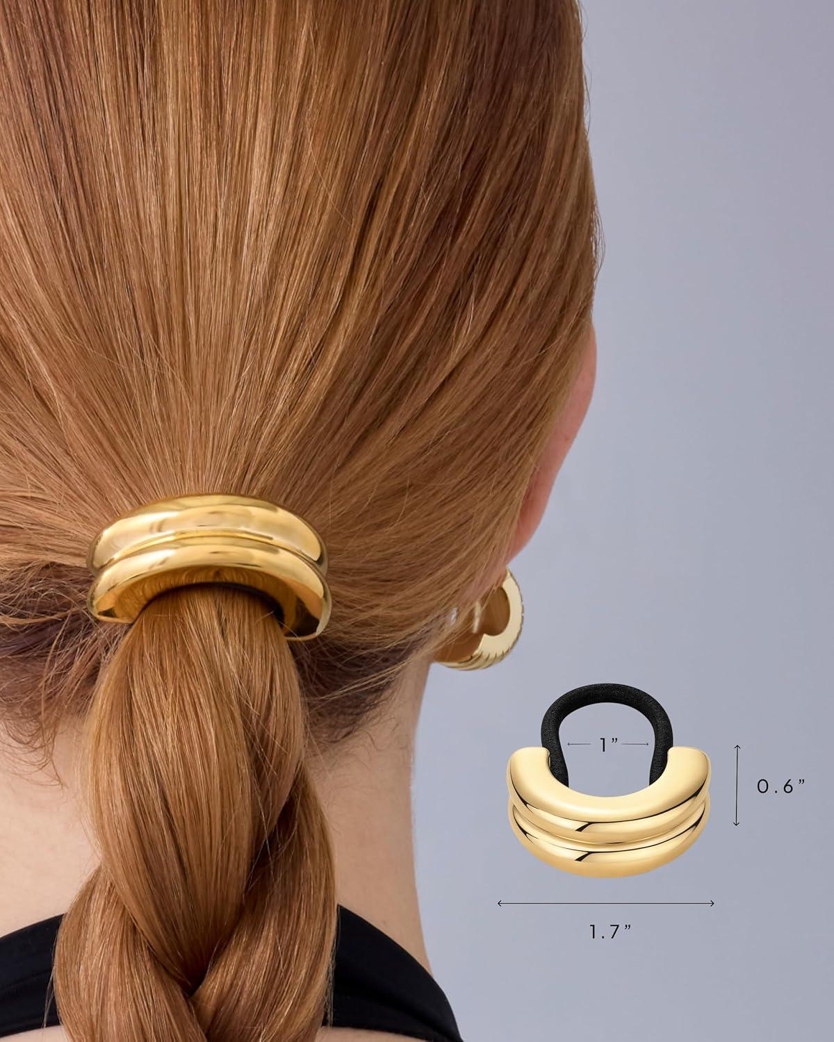 imagePAVOI 14K Yellow Gold Double Arch Chunky Metal Hair Band Ponytail Holders for Women  Stainless Steel Statement Cuff Fashion Accessories  Waterproof Stretchy Gold Hair TiesDouble Arch Yellow Gold