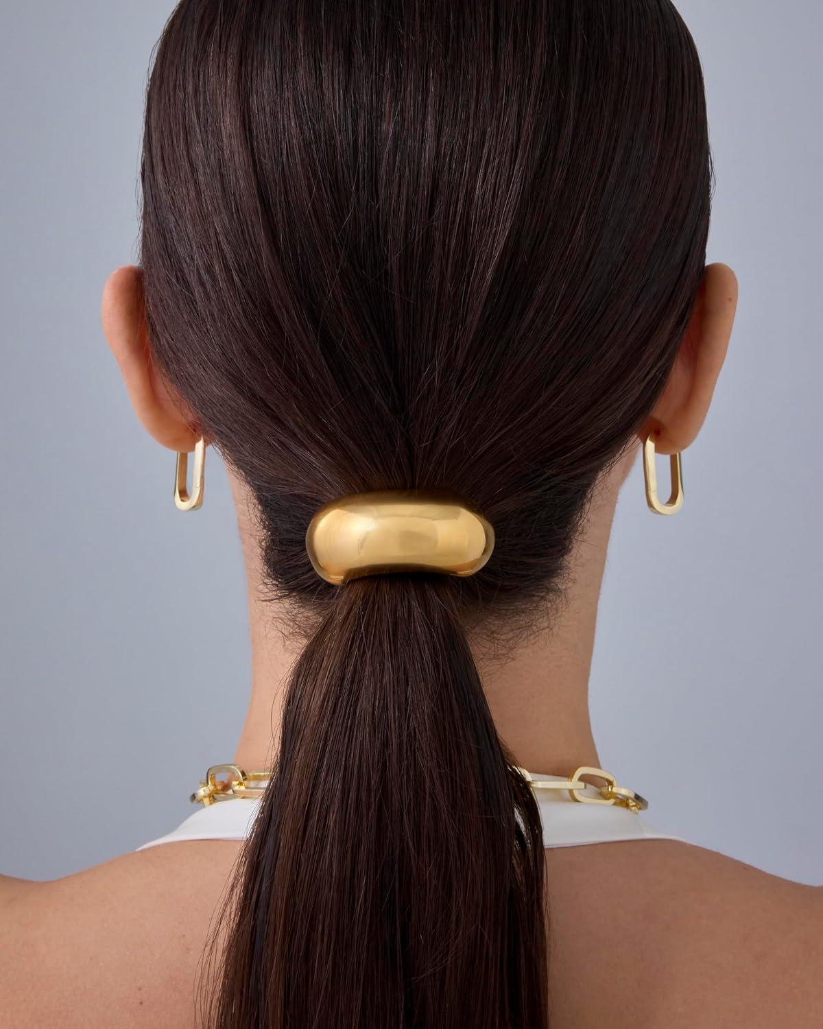 imagePAVOI 14K Yellow Gold Double Arch Chunky Metal Hair Band Ponytail Holders for Women  Stainless Steel Statement Cuff Fashion Accessories  Waterproof Stretchy Gold Hair TiesDome White Gold