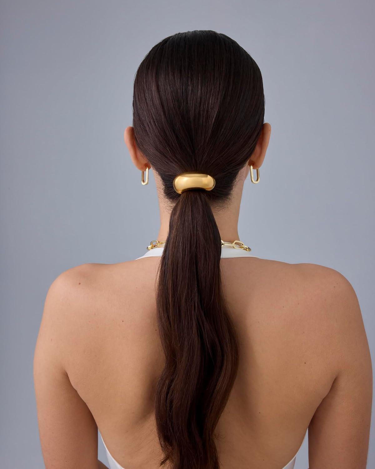 imagePAVOI 14K Yellow Gold Double Arch Chunky Metal Hair Band Ponytail Holders for Women  Stainless Steel Statement Cuff Fashion Accessories  Waterproof Stretchy Gold Hair TiesDome Yellow Gold