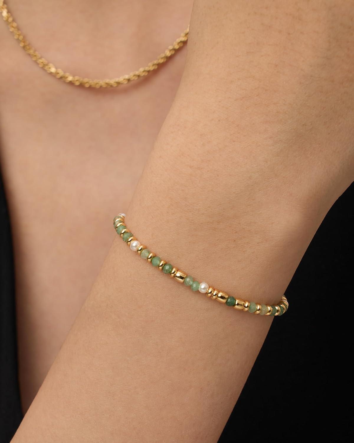 imagePAVOI 14K Yellow Gold Plated Beaded Enamel and Gemstones Bracelets for Women  Colored Boho Festival Adjustable Slider Bracelet  Freshwater Pearls Rose Jade Amazonite Sodalite Labradorite BeadsSodalite Gemstone