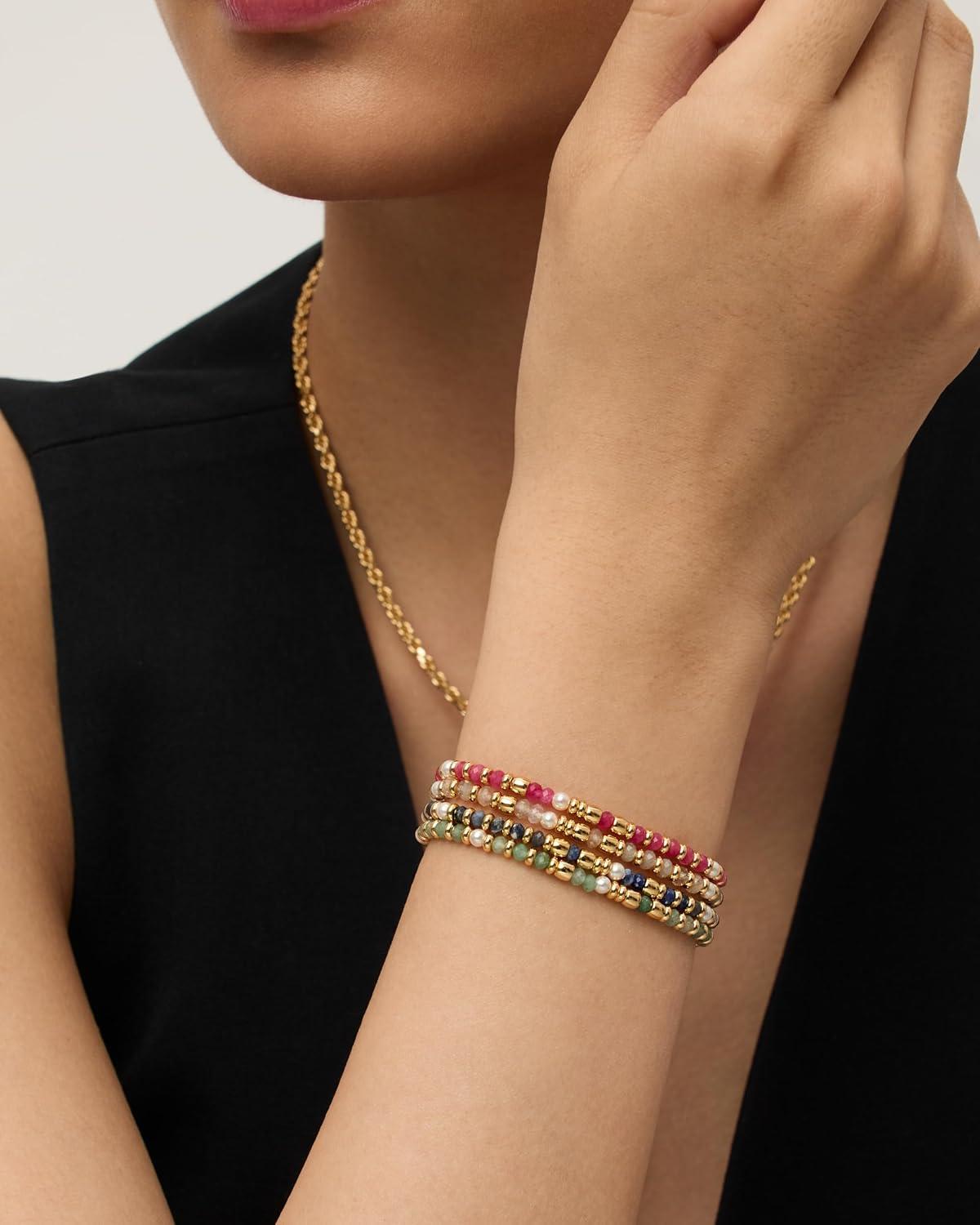 imagePAVOI 14K Yellow Gold Plated Beaded Enamel and Gemstones Bracelets for Women  Colored Boho Festival Adjustable Slider Bracelet  Freshwater Pearls Rose Jade Amazonite Sodalite Labradorite BeadsSodalite Gemstone