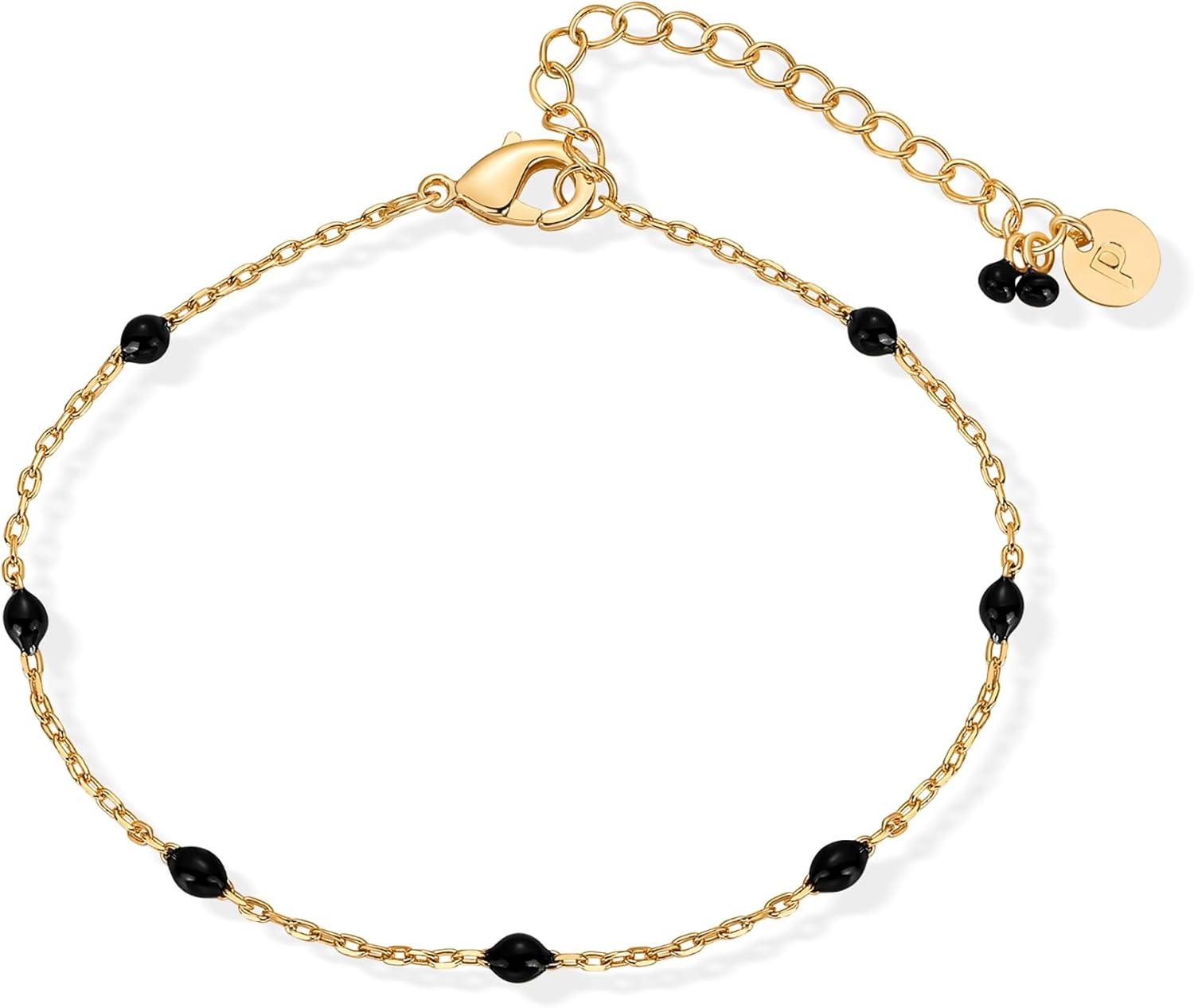 imagePAVOI 14K Yellow Gold Plated Beaded Enamel and Gemstones Bracelets for Women  Colored Boho Festival Adjustable Slider Bracelet  Freshwater Pearls Rose Jade Amazonite Sodalite Labradorite BeadsBlack Enamel